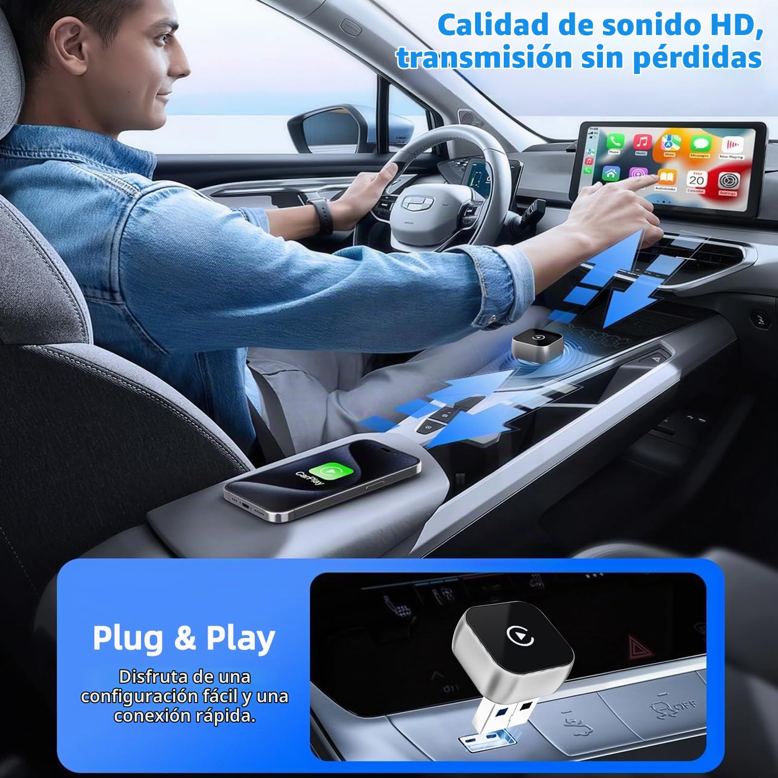 OVVOFPP Adaptador CarPlay inalámbrico Nueva edición 2026, Interfaz Type-C/USB, Conexión Rápida y Estable, Compatible con Vehículos Fabricados Después de 2016 (Brillante)