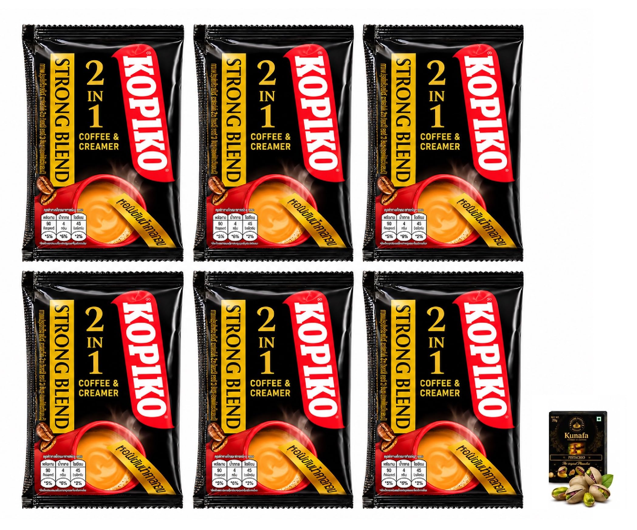 Kopiko's 2 in 1 Strong Blend Instant Coffee & Creamer Sachets (Pack of 6) 10g Each with Free Flavourito Kunafa Pistachio Chocolate Bar, 20g By Decadent Foods-image-42