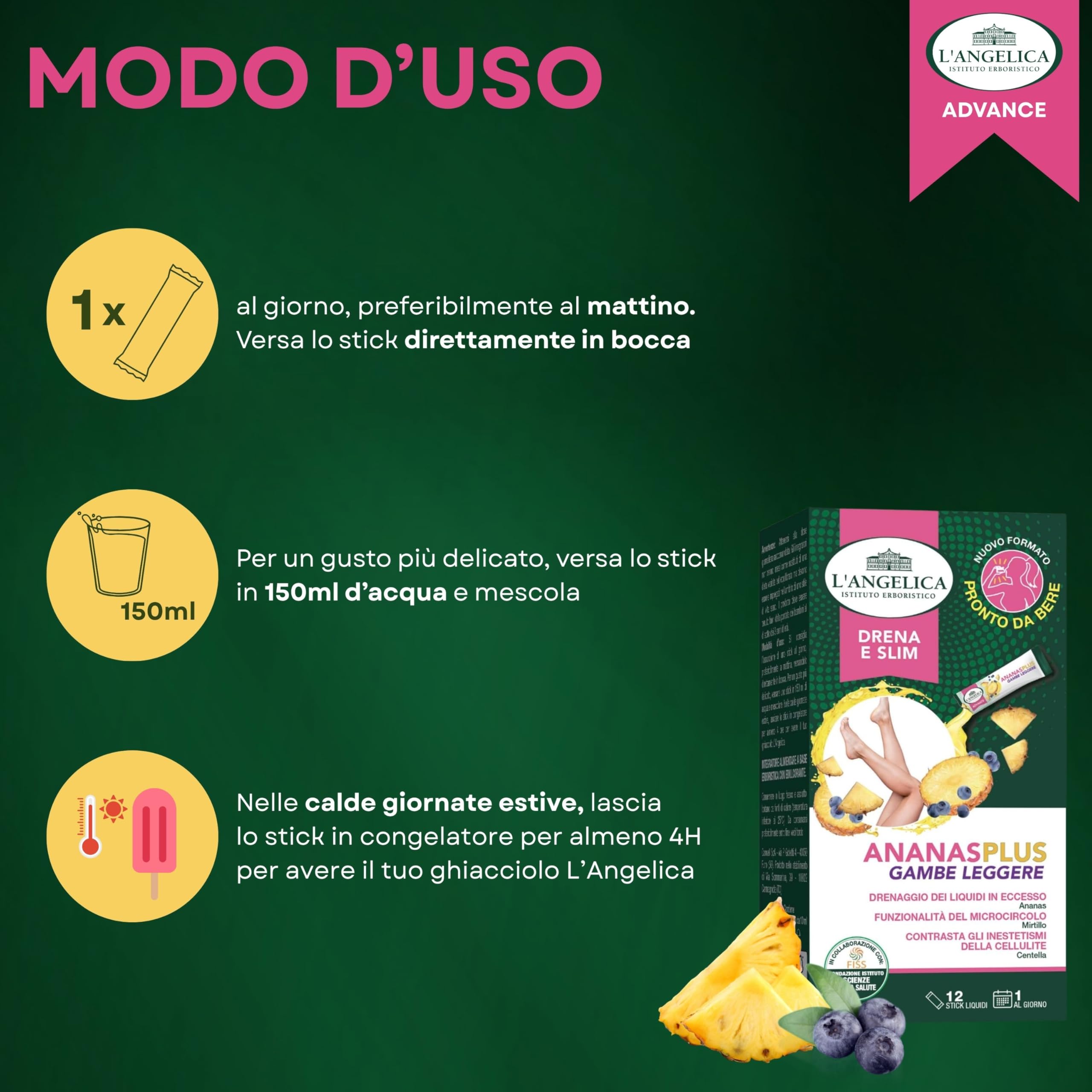 L'Angelica Integratore Ananas Plus Gambe Leggere, Drenante per Favorire la Circolazione, Integratore Anti Cellulite Drenante, Gusto Ananas, 12 Stick Liquidi Pronti da Bere