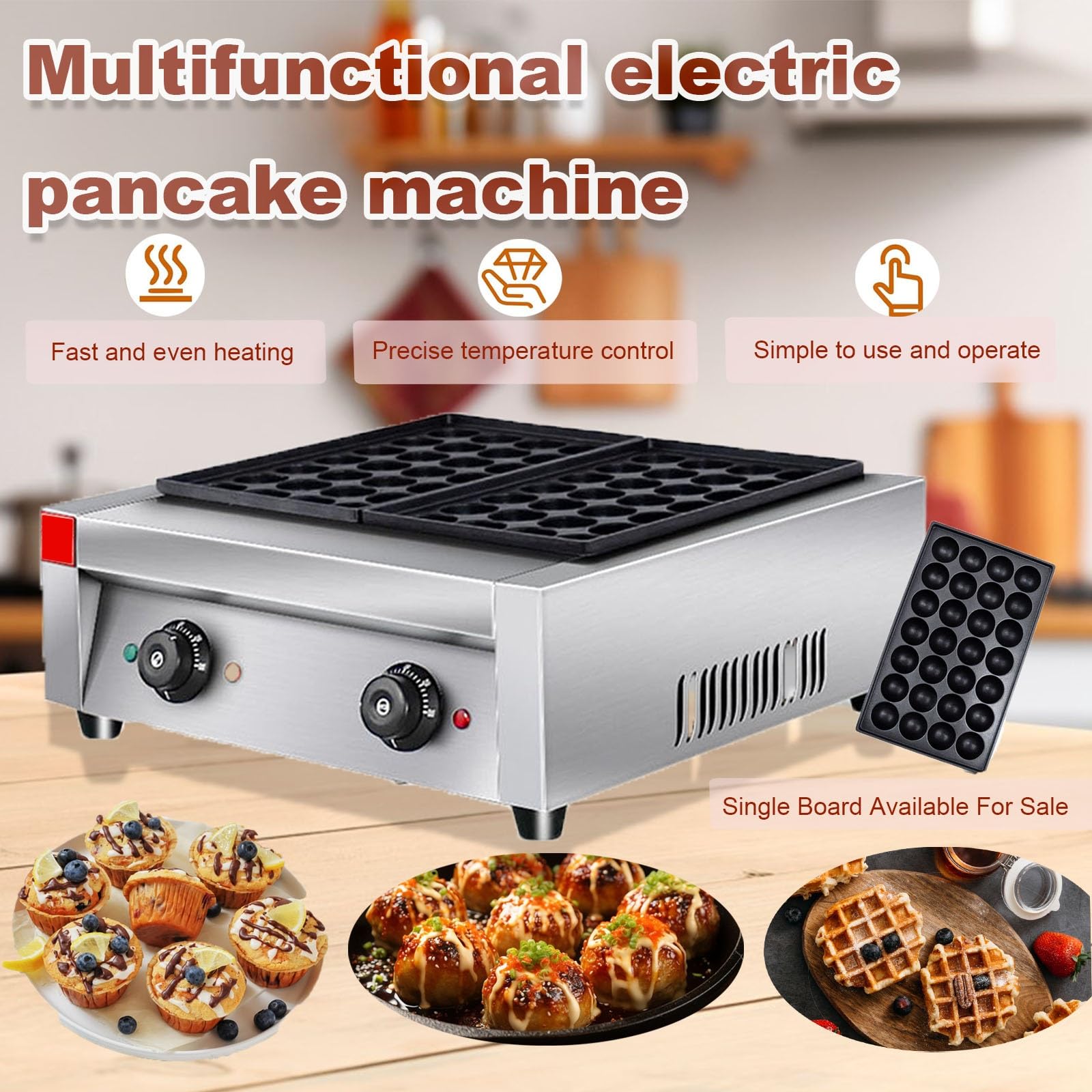 Máquina Holandesa Para Hacer Panqueques Waflera Y Crepera Eléctrica Profesional Con Control De Temperatura, Acero Inoxidable, 2000 W, Calentamiento Uniforme, Fácil Limpieza(Single)
