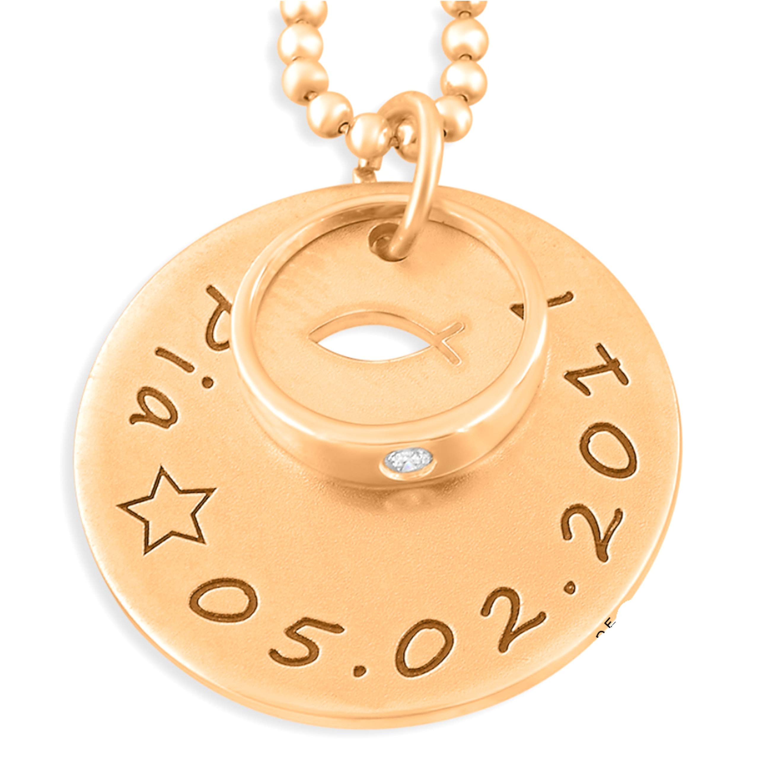 Taufkette mit Taufring rosegold Namen Schmuck Gravur Namenskette Taufe Taufringe vergoldet 925 Silber Ketten Name personalisiert Tauffisch Ichthys | HANDMADE IN GERMANY