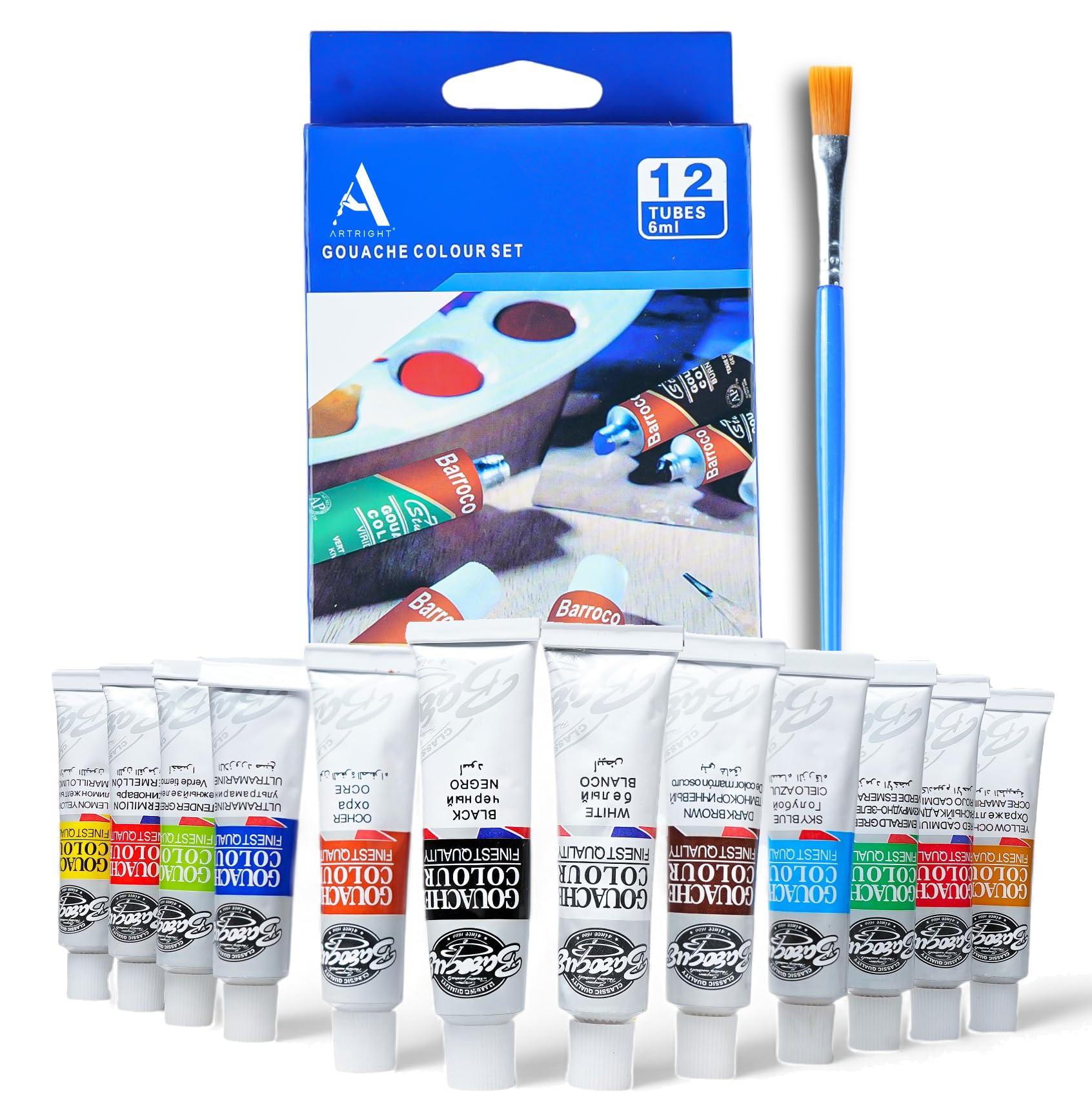 ArtRight 12 x 6ml Gouache Paint Set with 1 Free Paint Brush - 12 Acid-Free, Non-Toxic Multicolored Artists' Gouache Colors for Mixed Media Painting (6ml, 0.2oz)