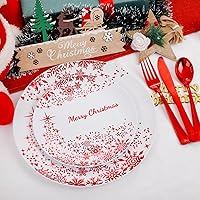 Vista 12 de LIYH 150 Pcs Plastic Christmas Dinnerware Set, Red Plastic Dinner Dessert Disposable Plates, Gold Silverware, Red Christmas Disposable Cups 10 OZ