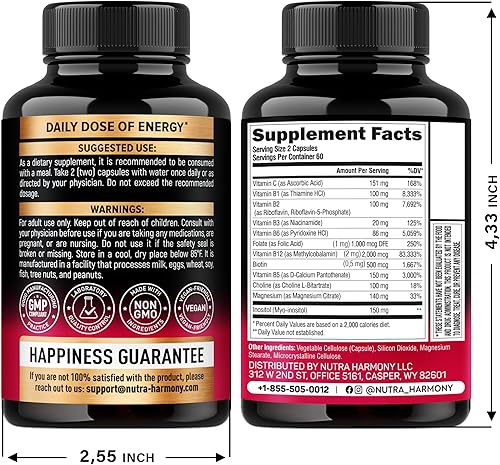 Vista 10 de Complejo de vitamina B para hombres y mujeres – Riboflavina B2, B12, B1, B3, B5, B6, B7, B8, B9 Vitamina C, colina, inositol – Suplemento