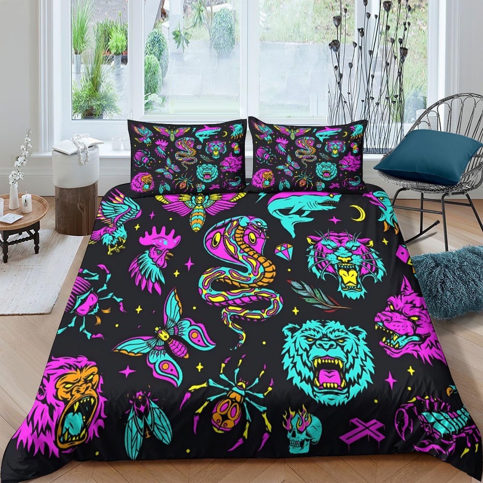 Ctjqhvkz Style-7 3D Printed Neon Snake Tiger Fitted Sheet Microfiber Soft Breathable Spider Skull Bed Cover For Bedroom Dorm Decoration Single（135X200cm）