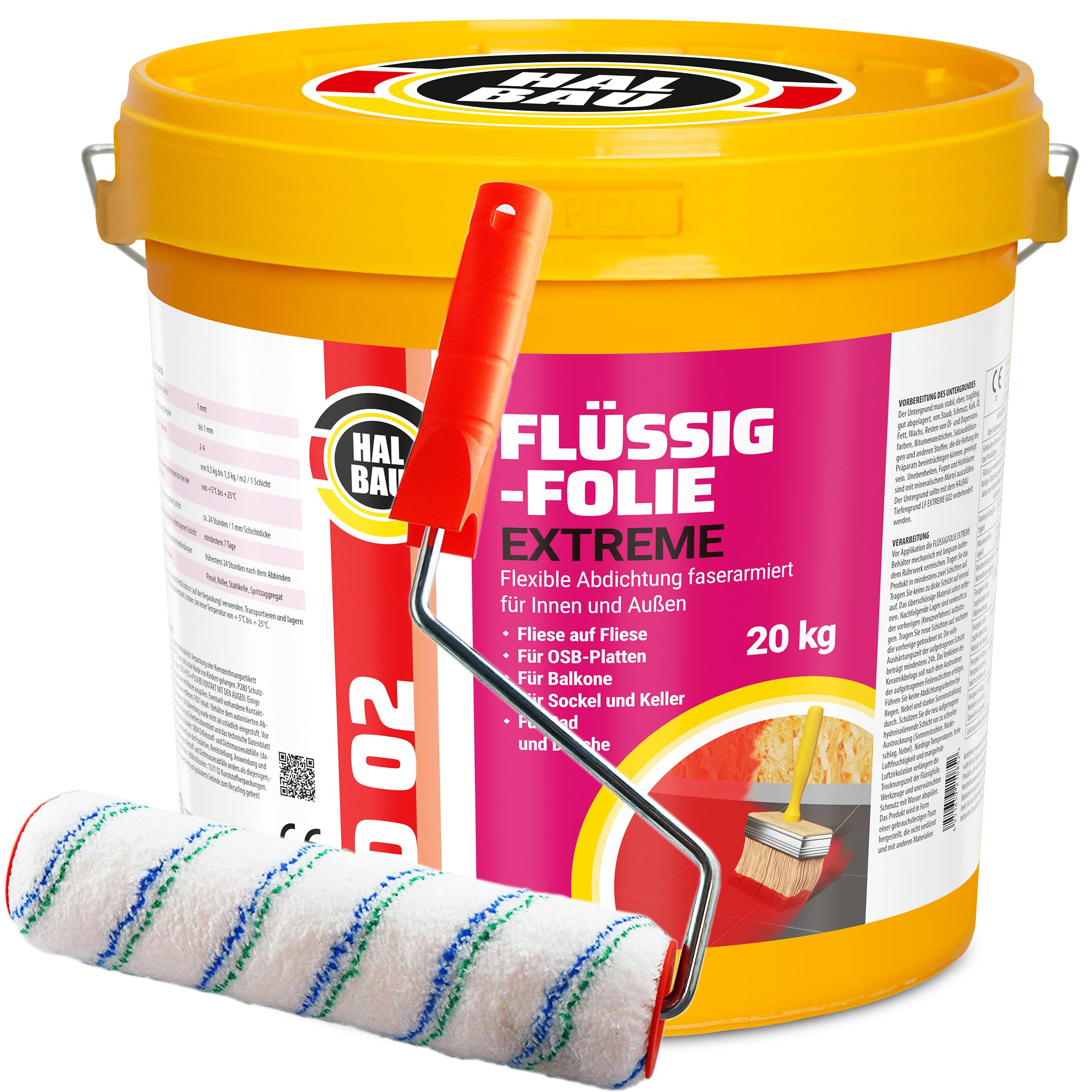 Flüssigfolie 20kg für Innen und Aussen, Faserverstärkte Hochelastische Abdichtung, Wassersperre unter Fliesen, Balkon, Dusche + Farbroller 25cm Halbau SET D02