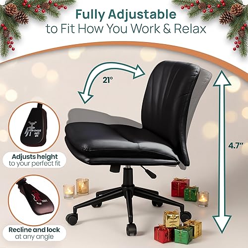 Miniatura 7 de NYPOT Silla de escritorio sin brazos con ruedas para sentarse entrecruzada, silla sin brazos anchos con patas cruzadas, taburete giratorio ajustable