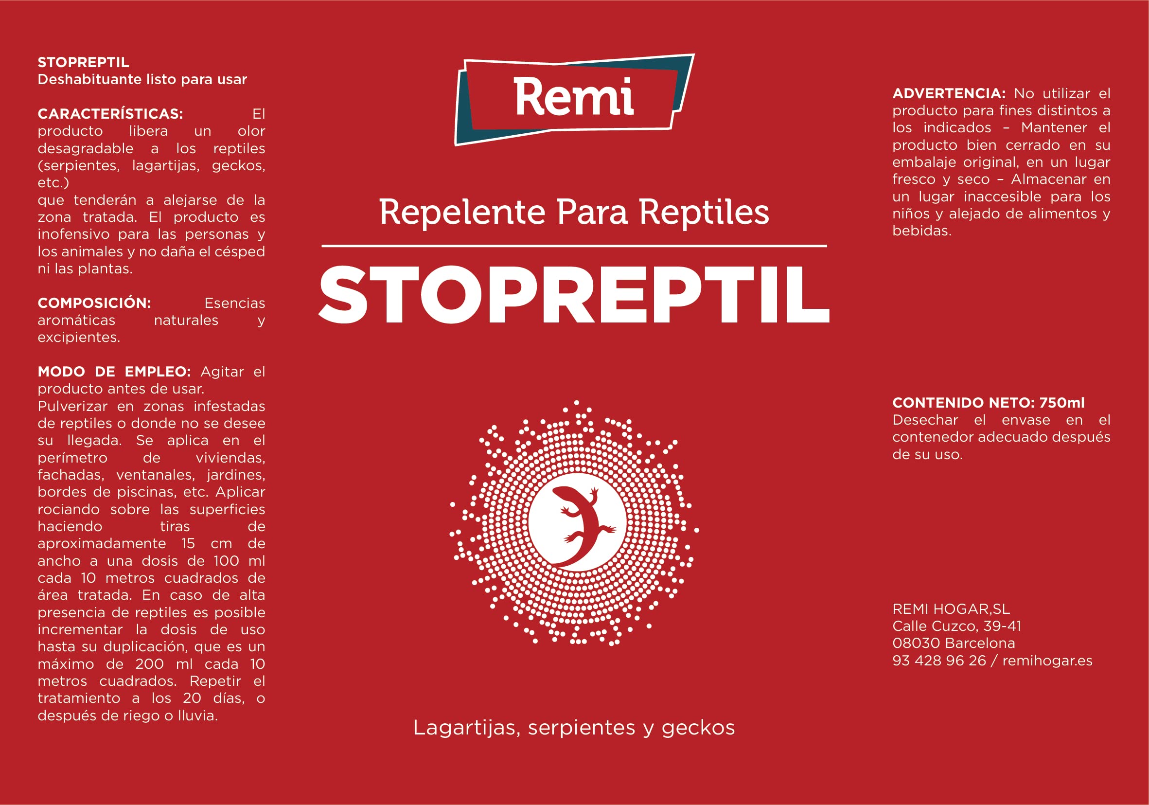 Remi Hogar | Repelente para Reptiles, en Aerosol | para Serpientes Lagartijas Salamanquesas Geckos | Spray Repelente Deshabituante | Sin venenos | Sin productos nocivos | 750 ml