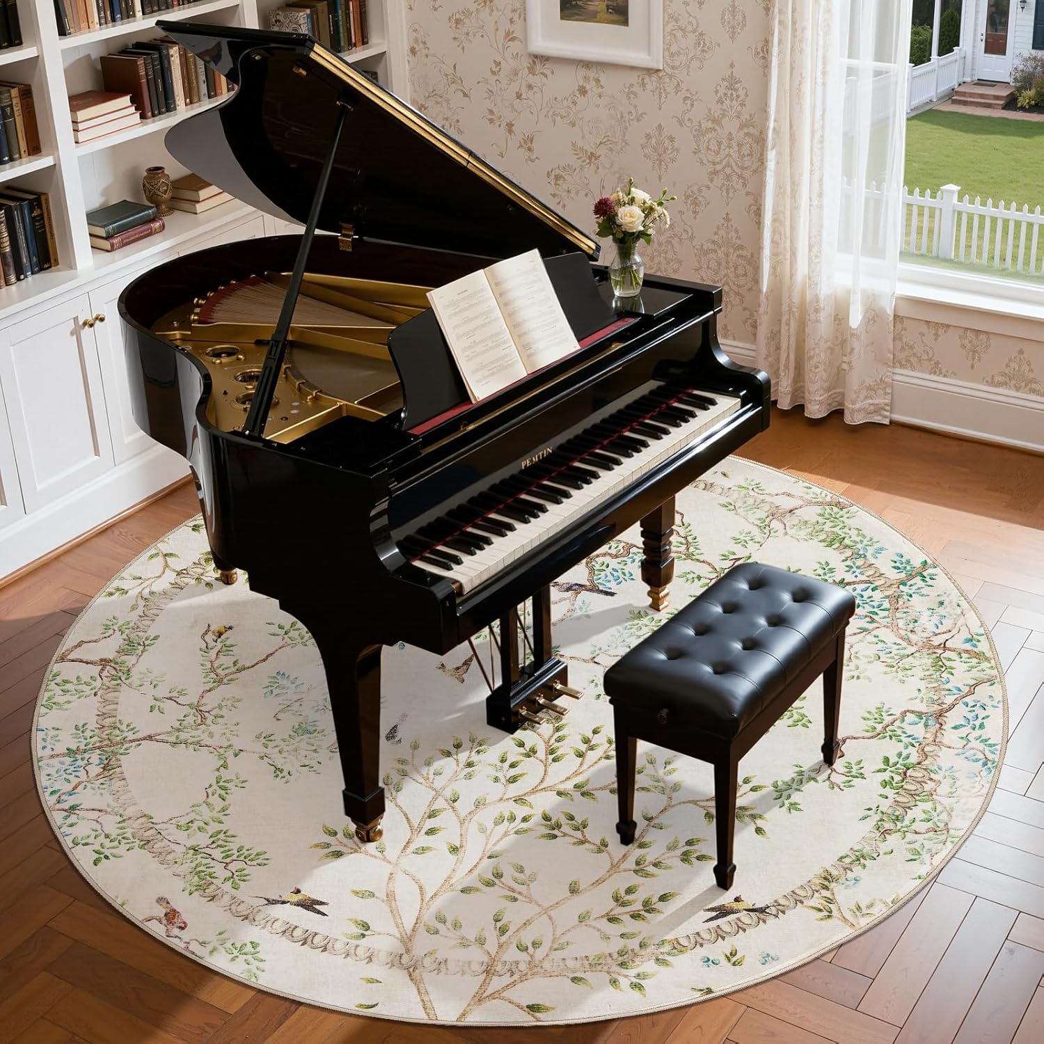 jinchan Yarden Round Rugs 8ft Ivory Botanical Birds Print Machine Washable 8' Circle Nature Plants Modern Soft Non Slip Kids Throw Area Rugs Ultra Thin Low Pile Carpet for Living Room Bedroom
