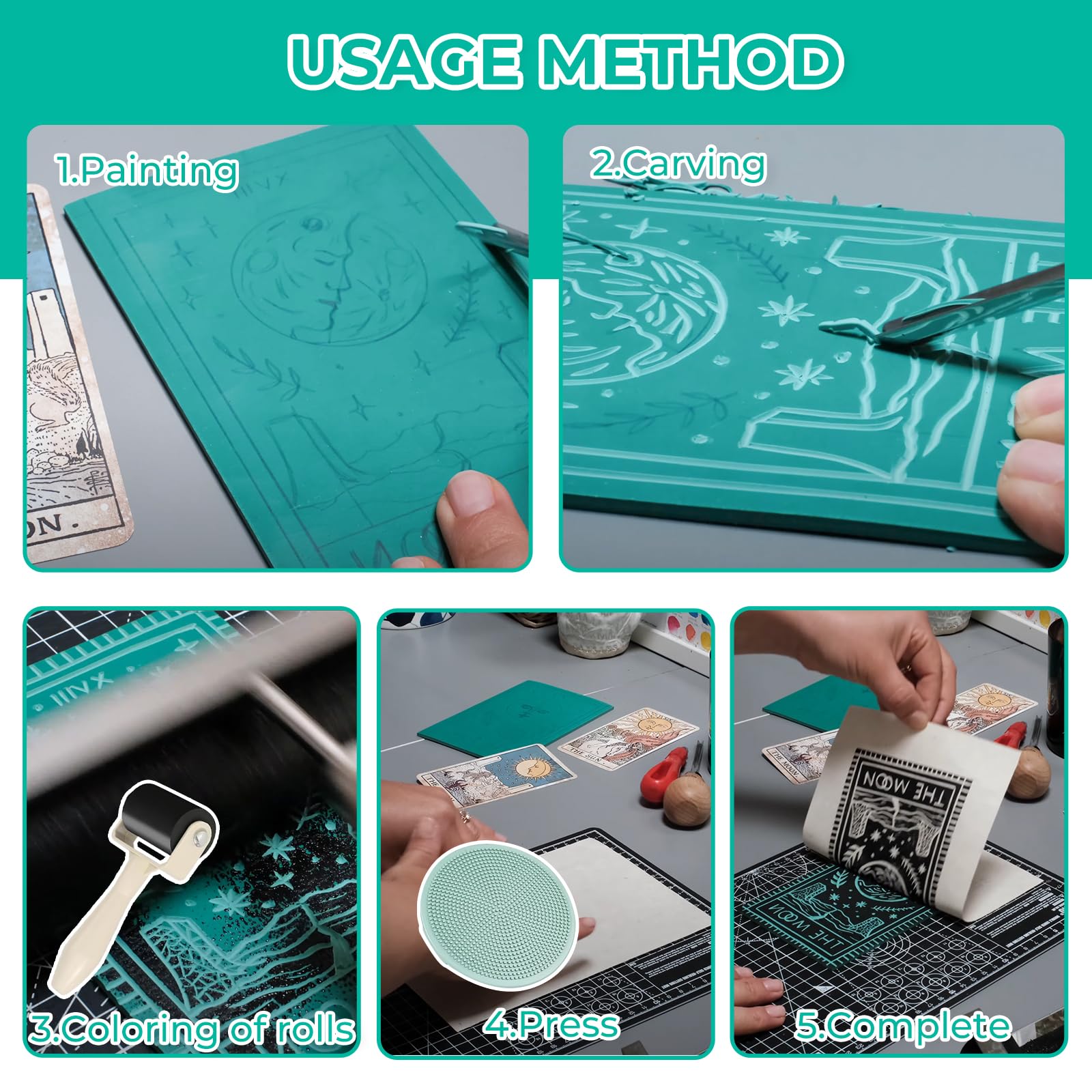 Linoleum, set per Stampa Linoleum, A4, A5, A6 Linoleum per Incisione Fogli di Gomma, Set per la Stampa su Linoleum con Strumenti per Intaglio per Principianti per Realizzare Lavori Artigianali