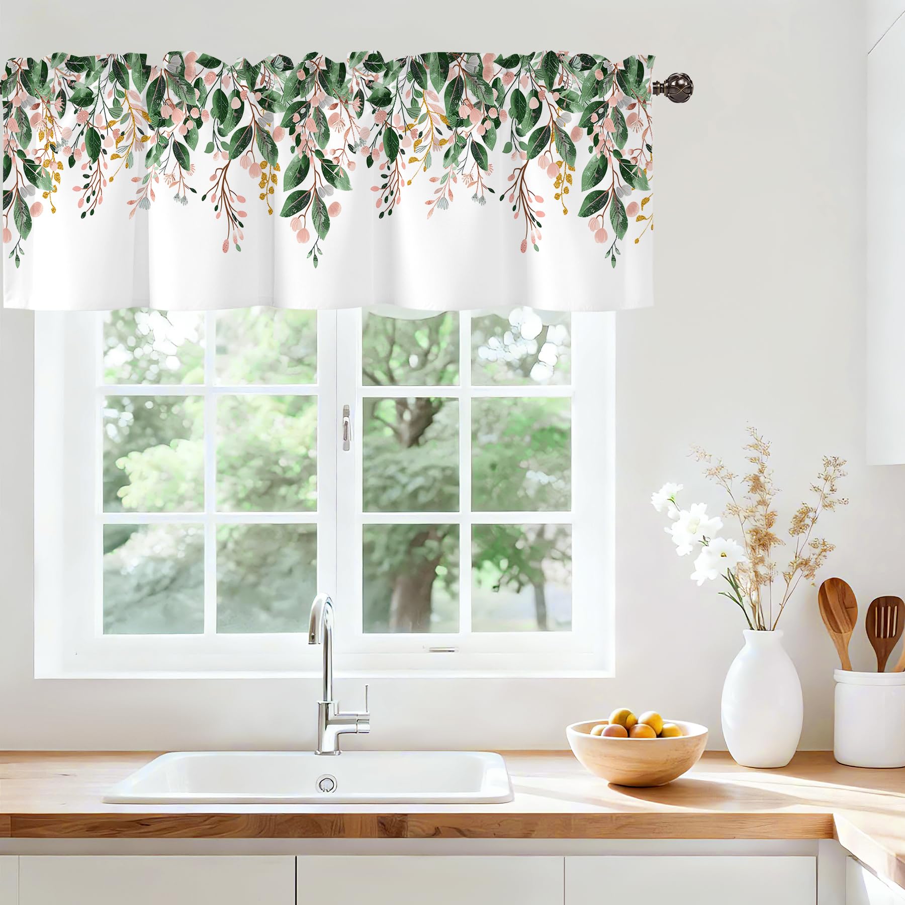 Green Eucalyptus Leaves Valances for Windows, Rod Pocket 54x18 in