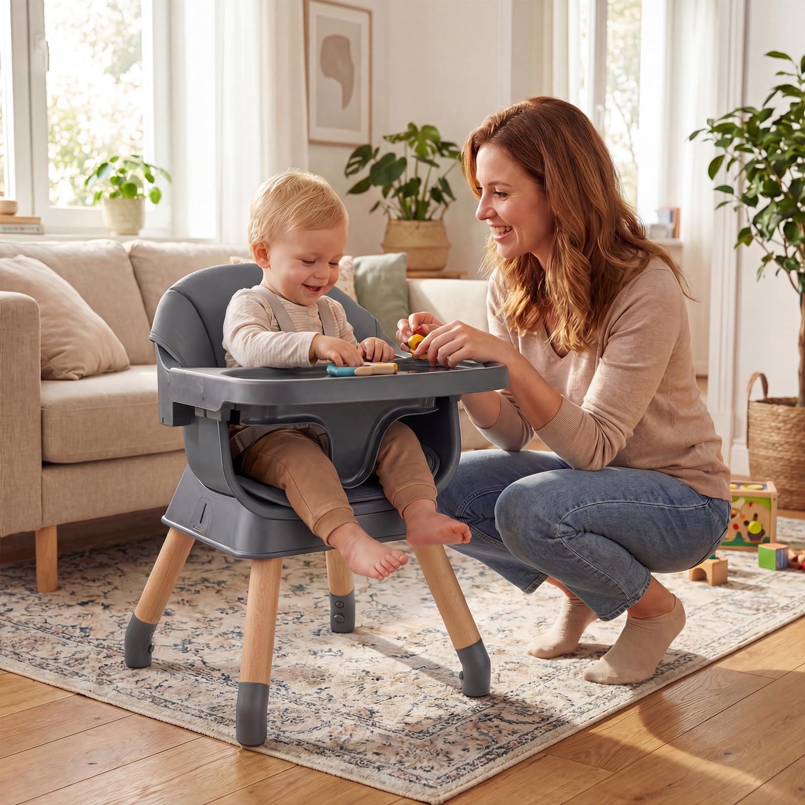 COSTWAY 9 in 1 Hochstuhl Baby, Kinderhochstuhl mit Sitzerhöhung, abnehmbarem Tablett, Sicherheitsgurt & Sitzkissen, Kombihochstuhl umwandelbar, Essenstuhl für Kinder von 6-36 Monaten (Dunkelgrau)