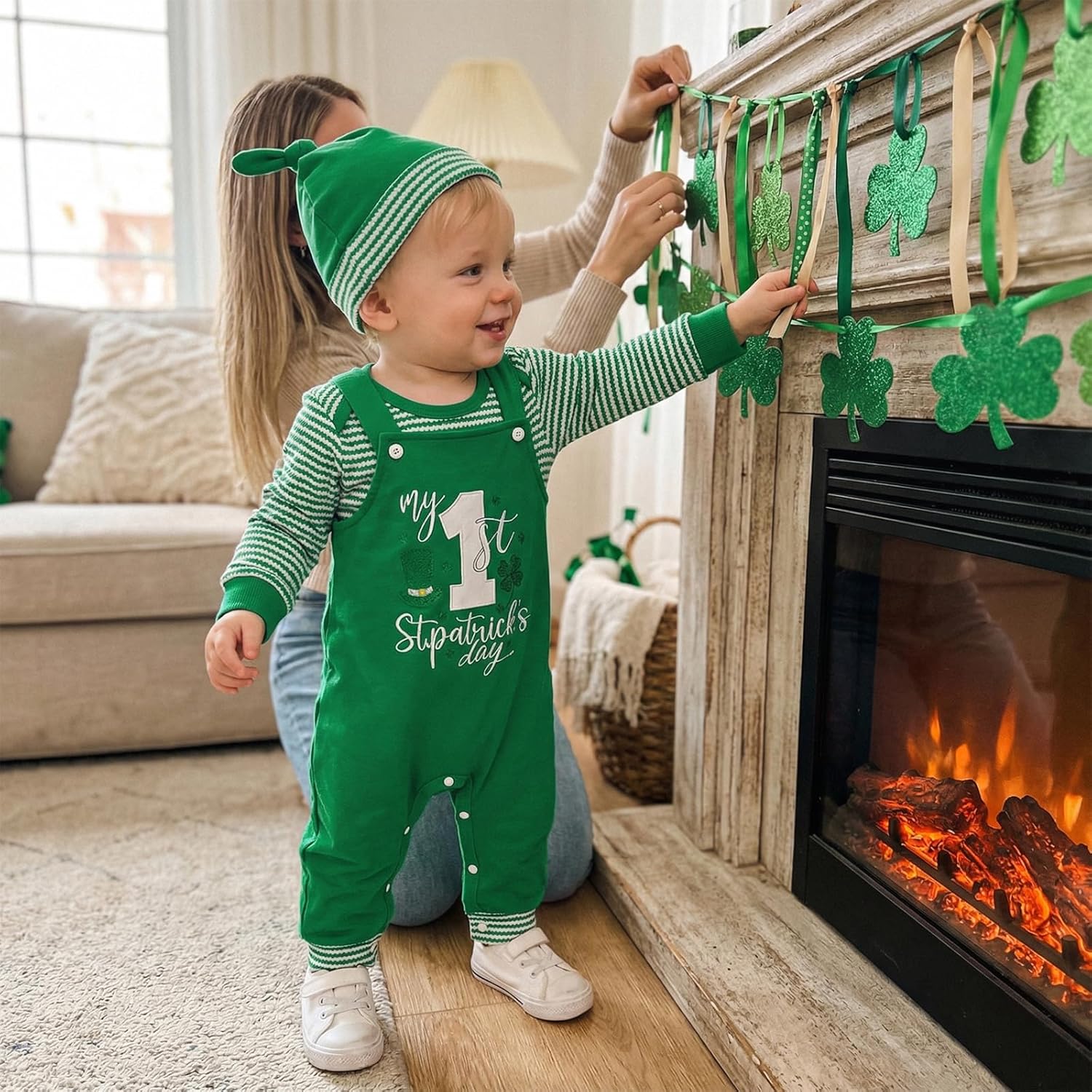 Baby Boy First St Patricks Day Outfit Striped Waffle Long Sleeve Romper Embroidery Overalls Pants Hat 3Pcs Sets - Image 2