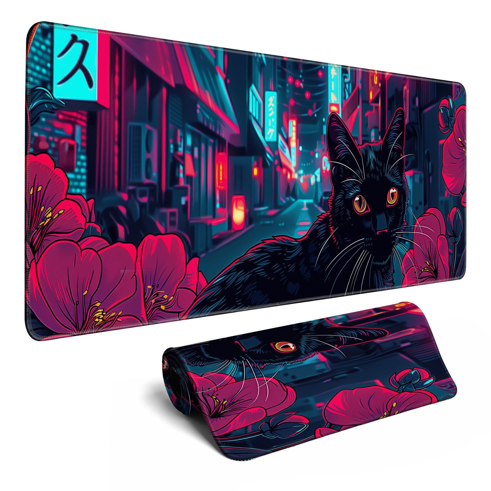 Japanese Black Cat Mouse Desk Pad Kawaii Red Anime Desk Mat Desk Decor Large Gaming Mouse Pad for Tokyo Neon Desk Mousepad Computer Office Keyboard