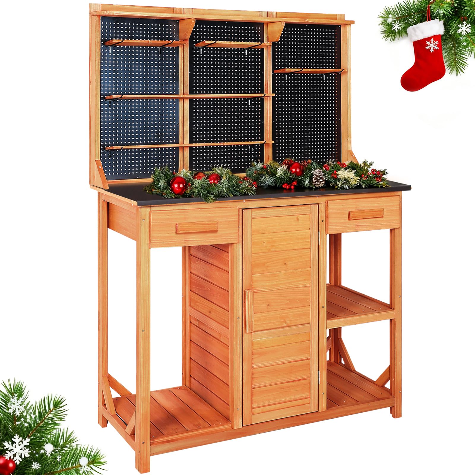 Outdoor Garden Potting Bench, Horticultural Wooden Workstation Table with Storage Drawer, Cabinet, Metal Pegboard, Adjustable Hooks and Shelves for Backyard, Patio, Greenhouse