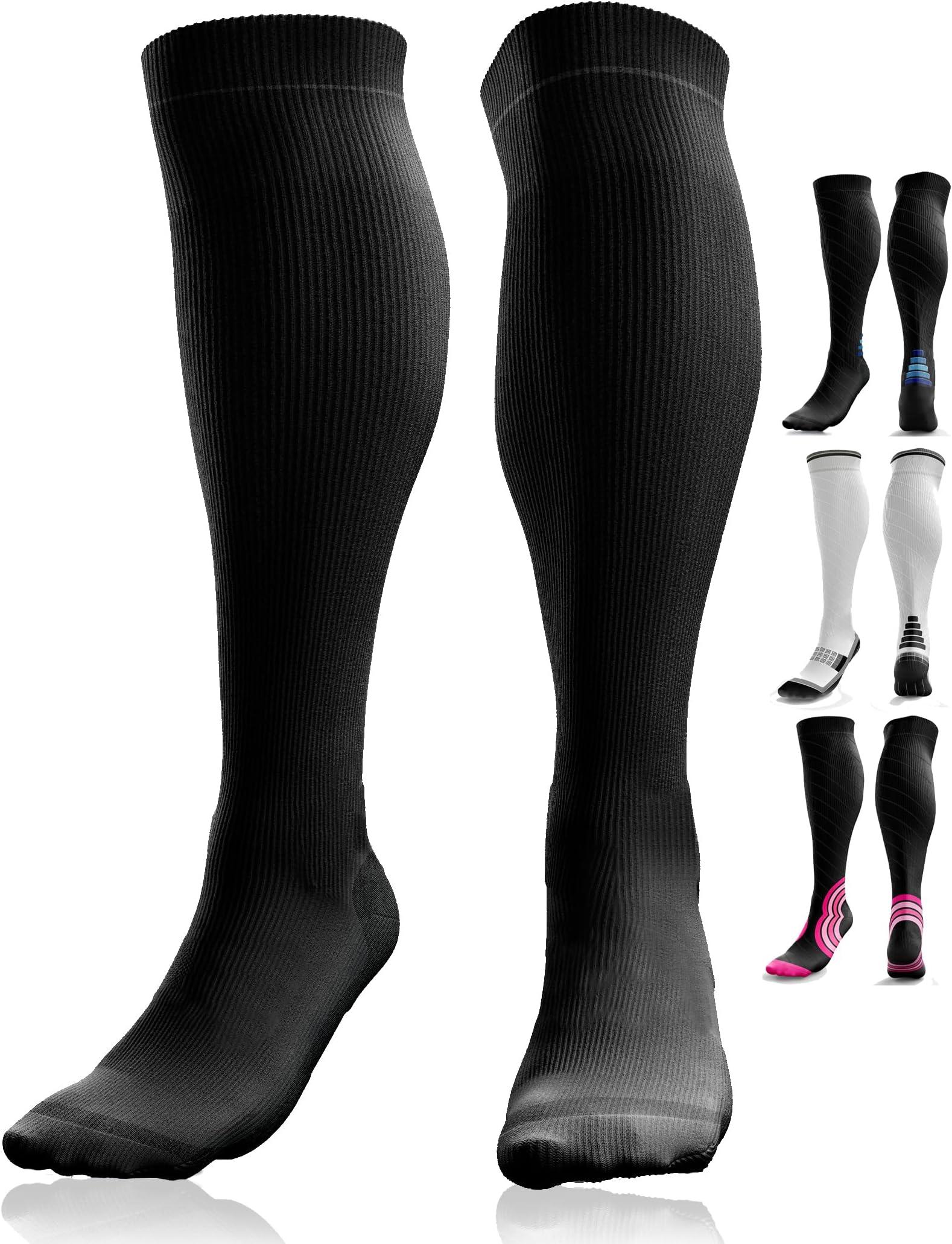 Compression Socks for Women & Men (20-30 mmHg) Knee-High Flight Socks, Graduated Ankle and Calf Support for Travel, Running - Seamless Toe, Padded Heel and Sole
