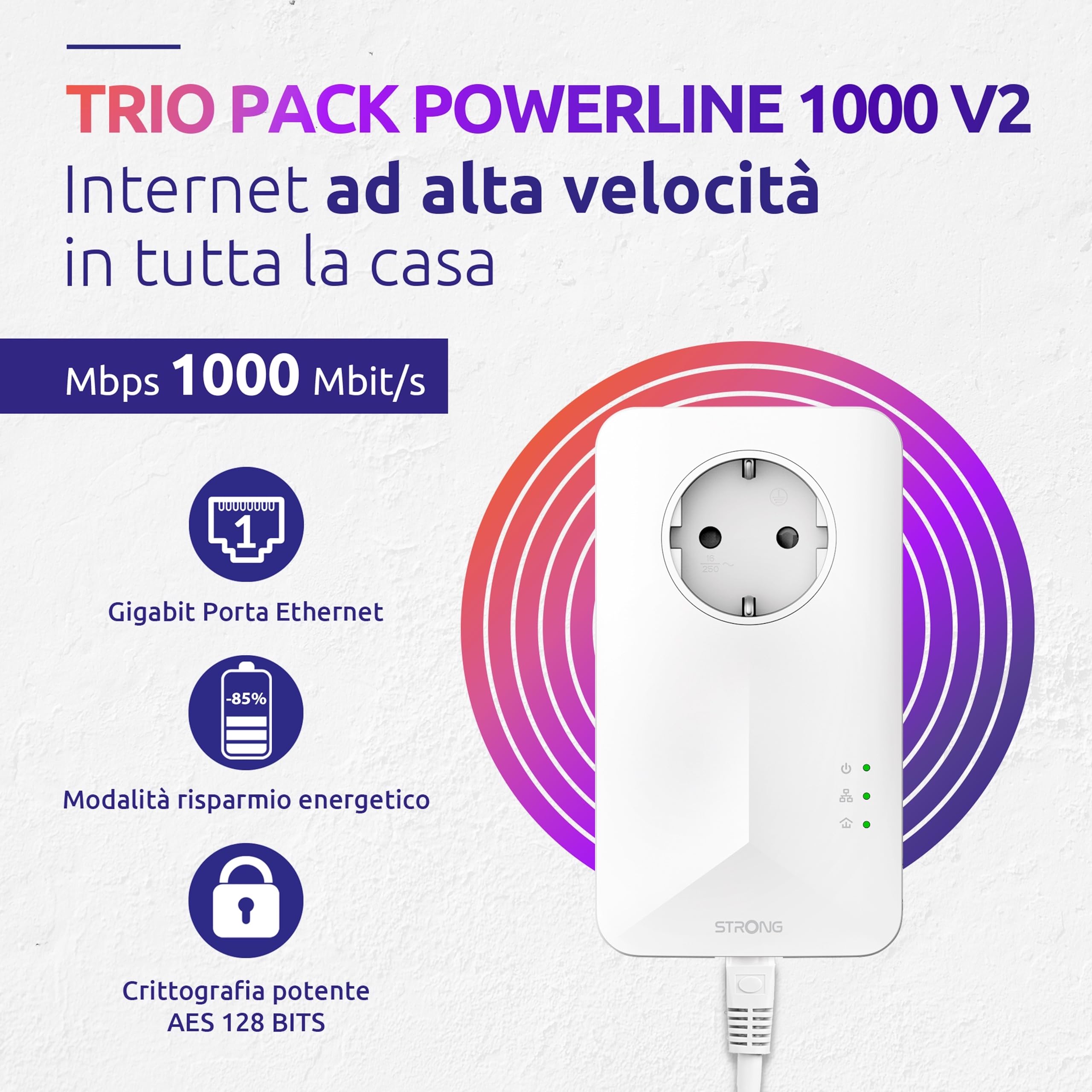 STRONG - Powerline 1000 Triple EU - 3 Adattatori 1000 Mbps - Accesso a Internet Veloce - Presa Passante Schuko - Portata di 300m - Per Tutti i Modem/Router - Ethernet - Installazione Facile - Bianco