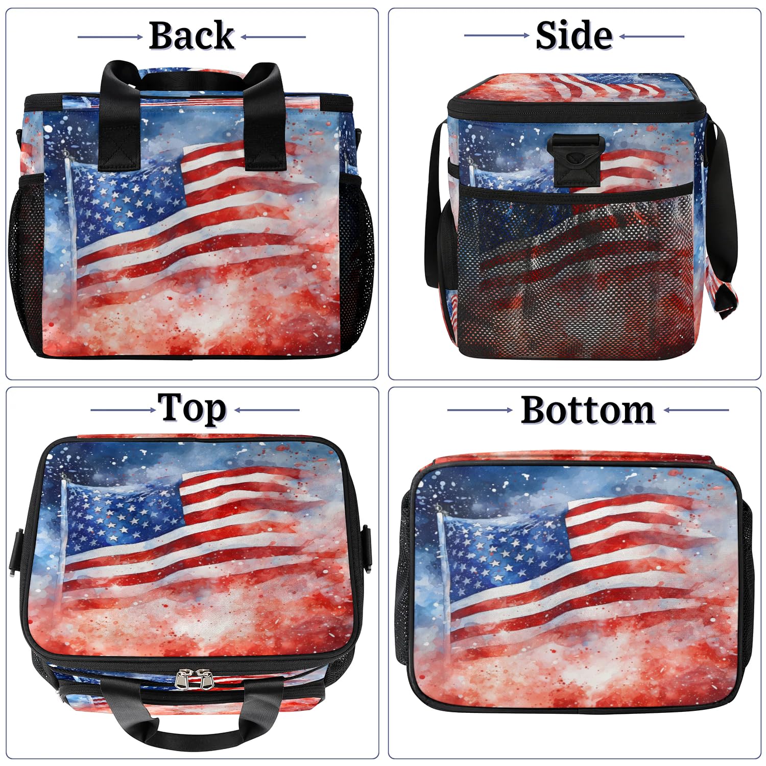 Grand sac à déjeuner isotherme avec drapeau du jour de l'indépendance américaine pour adultes, hommes, femmes, enfants, filles, garçons, sac isotherme pour le travail, le pique-nique, le barbecue