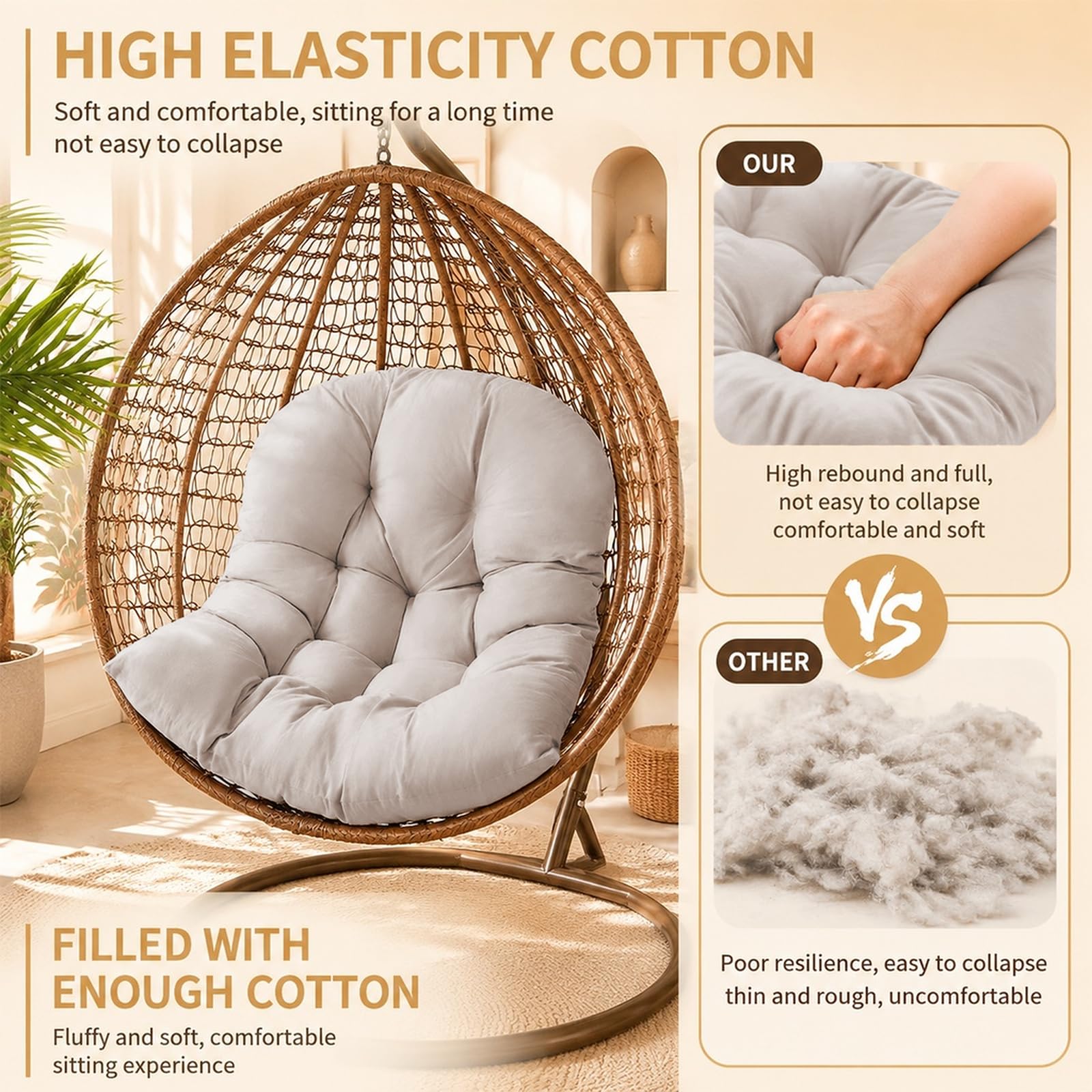 Coussin pour Fauteuil Suspendu 80x120 cm, Coussin Oeuf Suspendu, Gris Clair