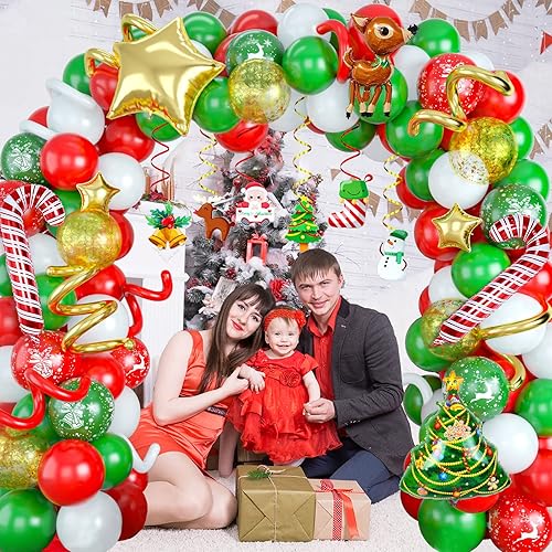 Miniatura 6 de Kit de arco de guirnalda de globos de Navidad, globos de látex rojos, verdes y blancos, globos de látex dorados, confeti de Papá Noel, estrella
