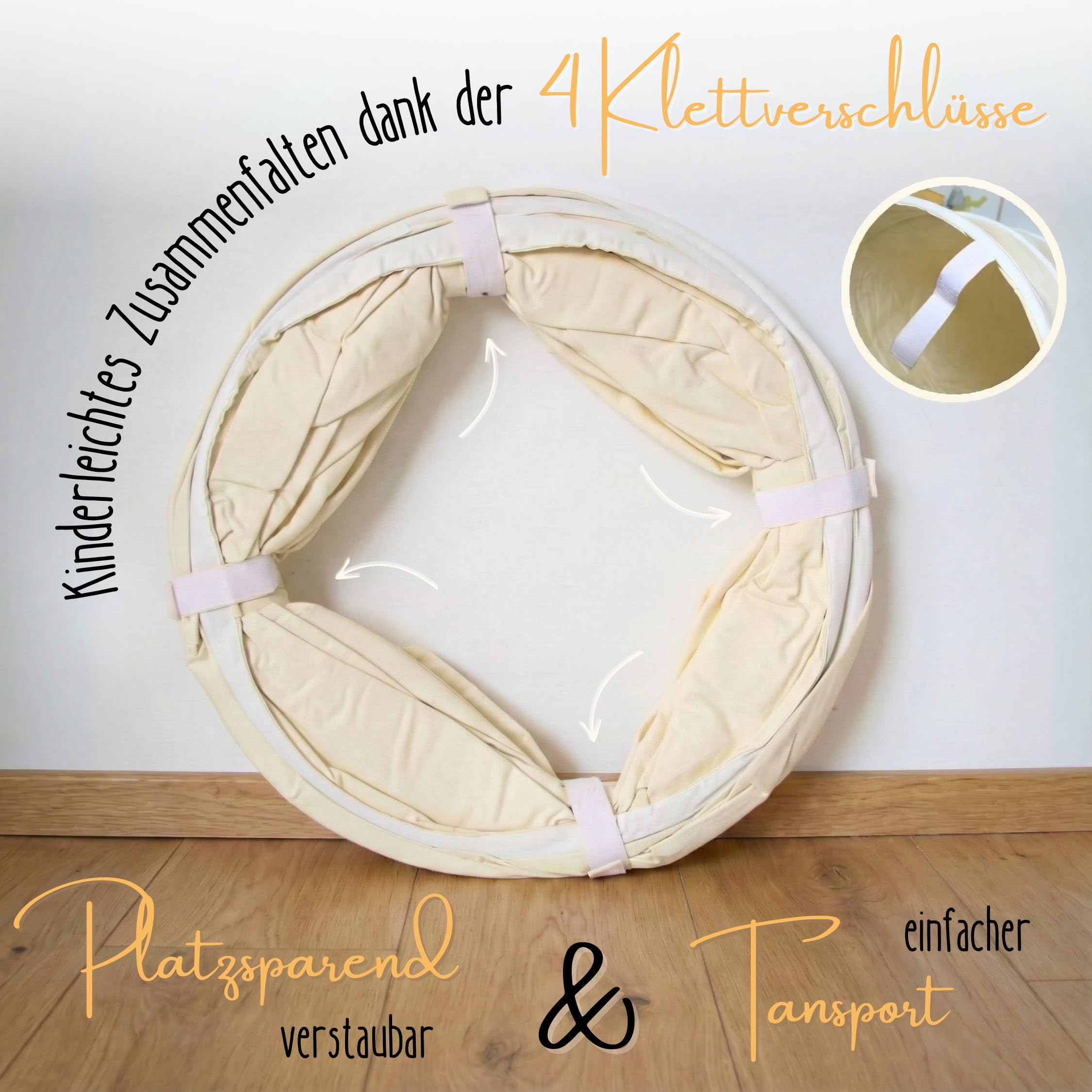 LIONHERZ® Spieltunnel für Kinder aus 100% Baumwolle mit Klettverschlüssen | Krabbeltunnel für Baby [180cm x 46cm] Faltbarer Pop-up Kriechtunnel | Krabbelrolle passend zu unserem Tipi (Cremeweiß)