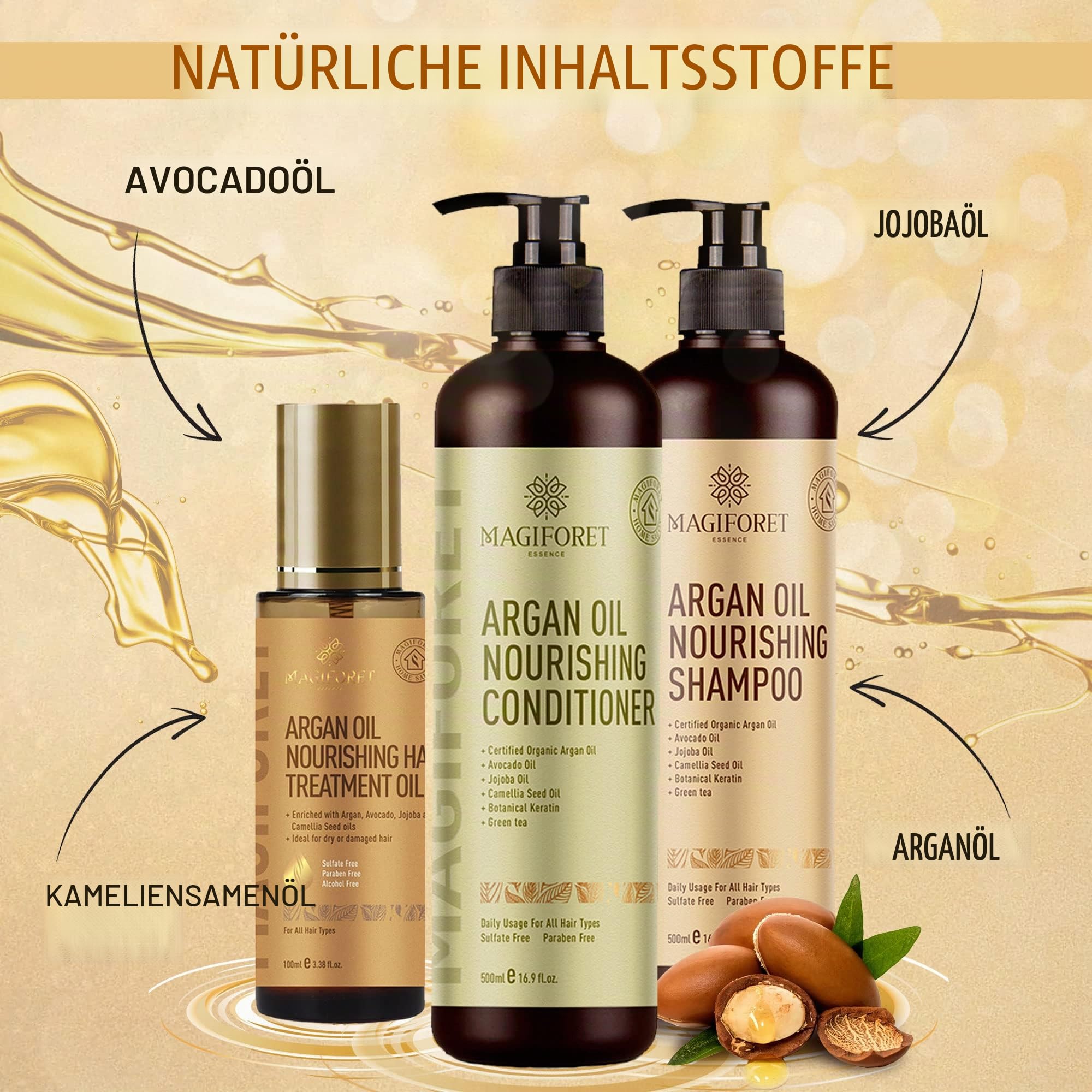MagiForet Haarpflege Set mit ArganölShampoo 500ml + Conditioner 500ml + Haarserum 100ml, Anti Frizz, Sulfatfrei, Parabenfrei –pflegt Locken, krauses und farbbehandeltes Haarweich und geschmeidig