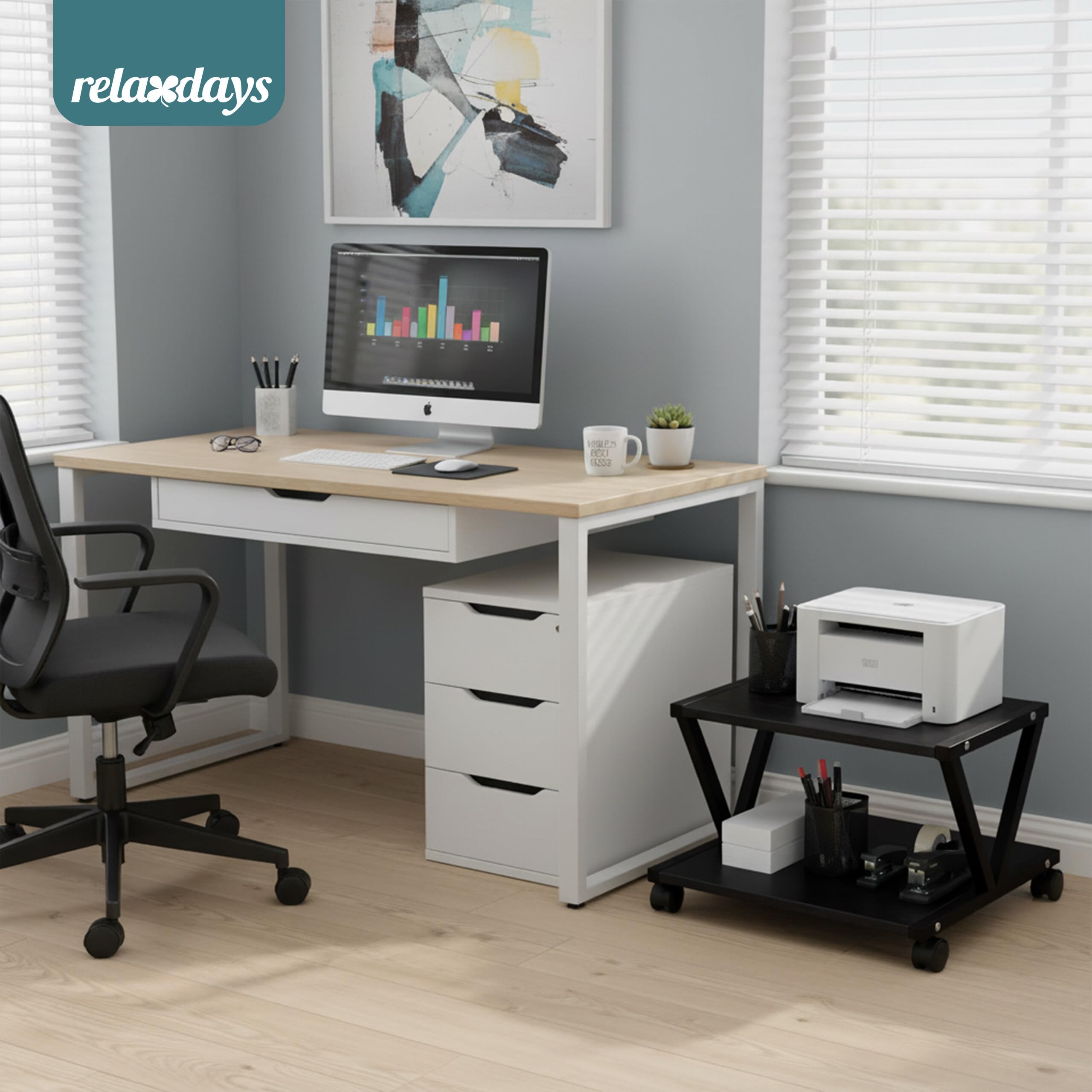 Relaxdays Druckerständer mit Rollen, 2 Ebenen, HBT: 28 x 44 x 28 cm, Rolltisch für Drucker, Büro, MDF & Metall, schwarz