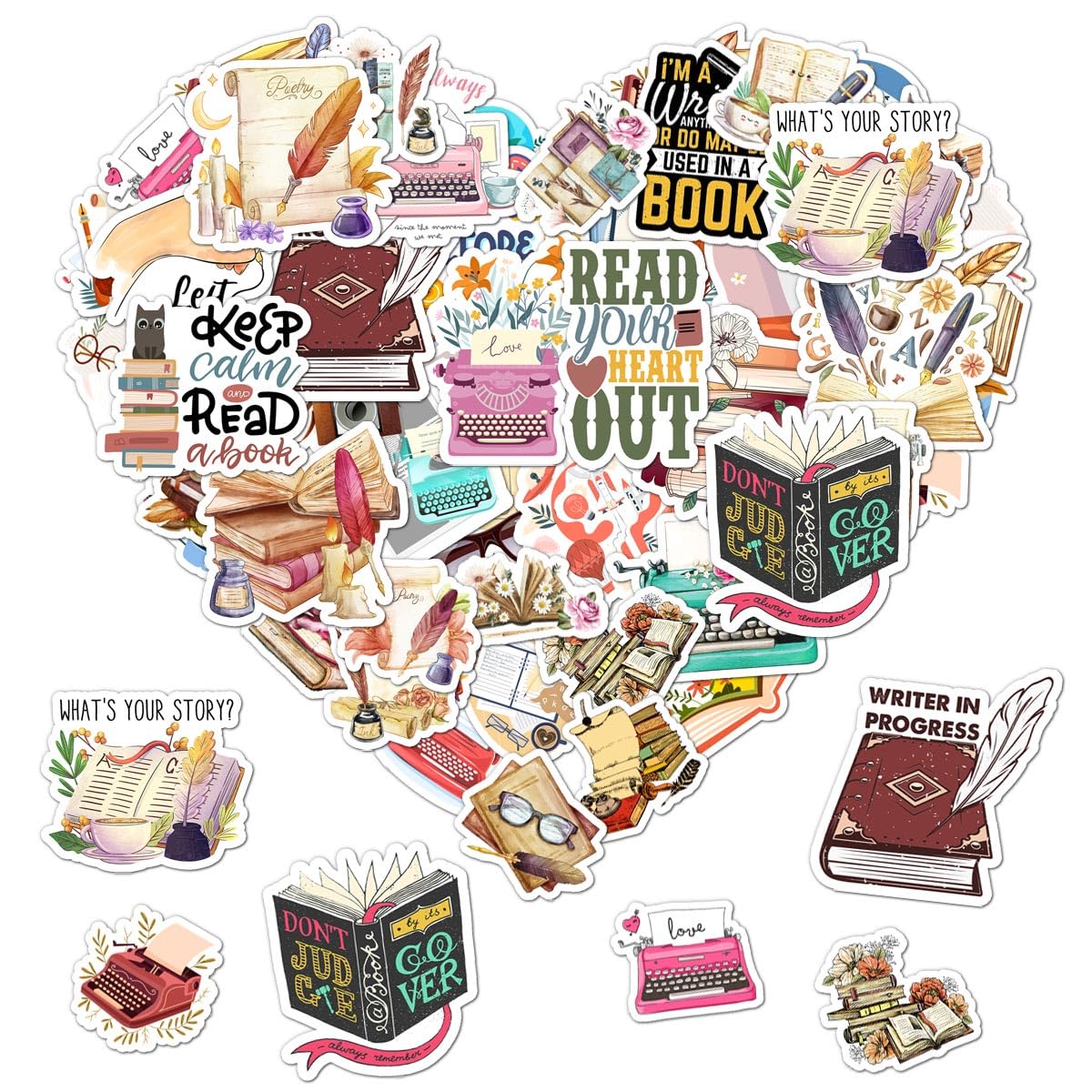 50 Pack Pcs Book Lover Stickers for Water Bottles Waterproof Vinyl Laptop Luggage Scrapbooking Books Vintage Sticker Packs Bulk Set Adults Teens Women