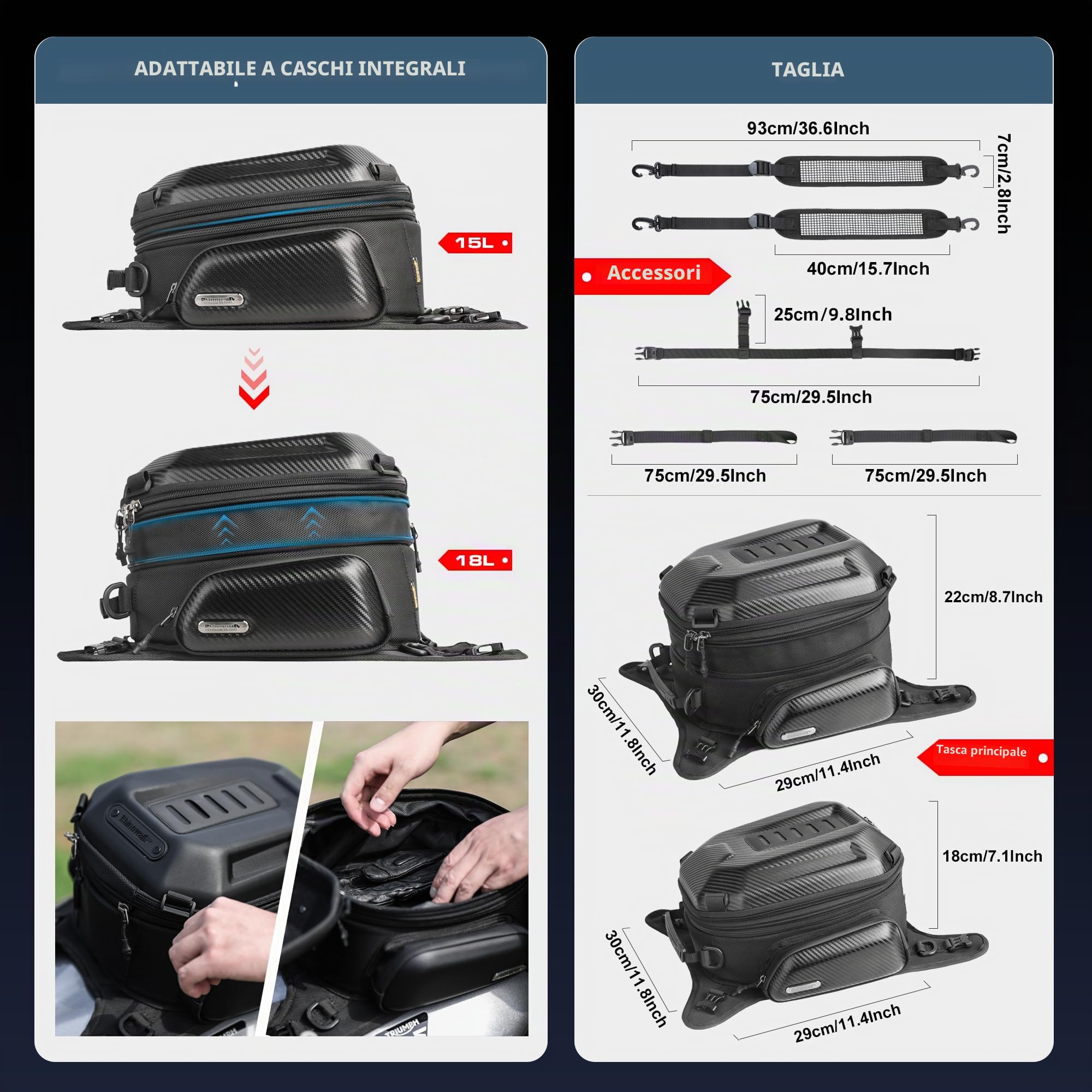 Rhinowalk YMTR3001KC, borsa serbatoio impermeabile, espandibile 15-18 l, nero carbone