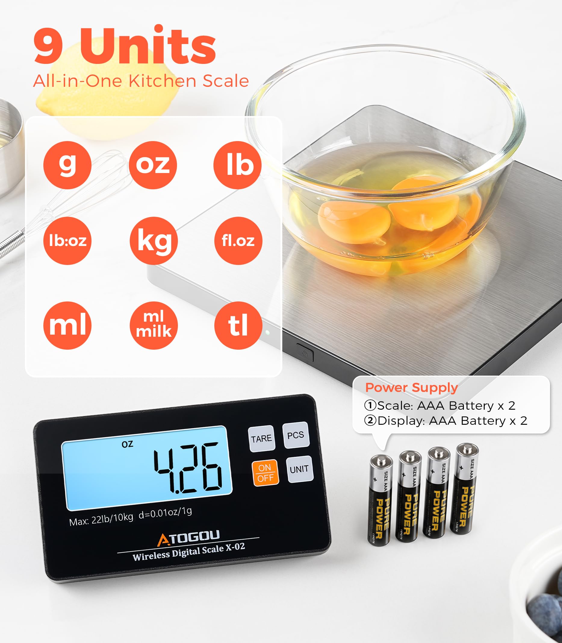 Atogou Báscula de cocina inalámbrica, 22 lb/10 kg con pantalla desmontable y plataforma más grande, 0.01oz/1g, 9 unidades, función de conteo, acero inoxidable, para cocinar, hornear, envío, plateado
