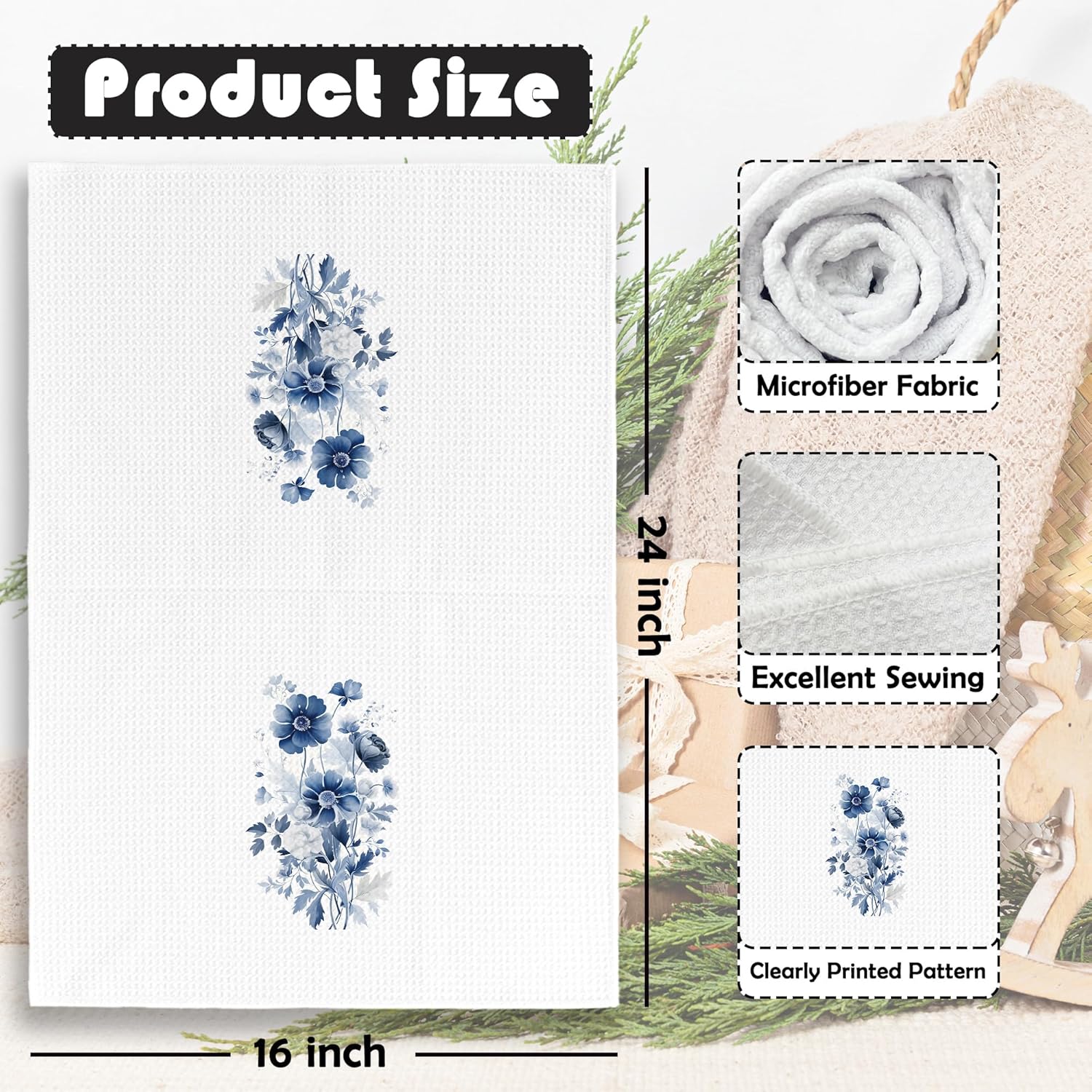 Blue Flower Kitchen Towels - Vintage Floral Dish Towels, Cottagecore Rustic Floral Decorative Absorbent Dishcloths Hand Towels Set of 2 for Kitchen Bathroom Decor 16x24 Inches - Image 6