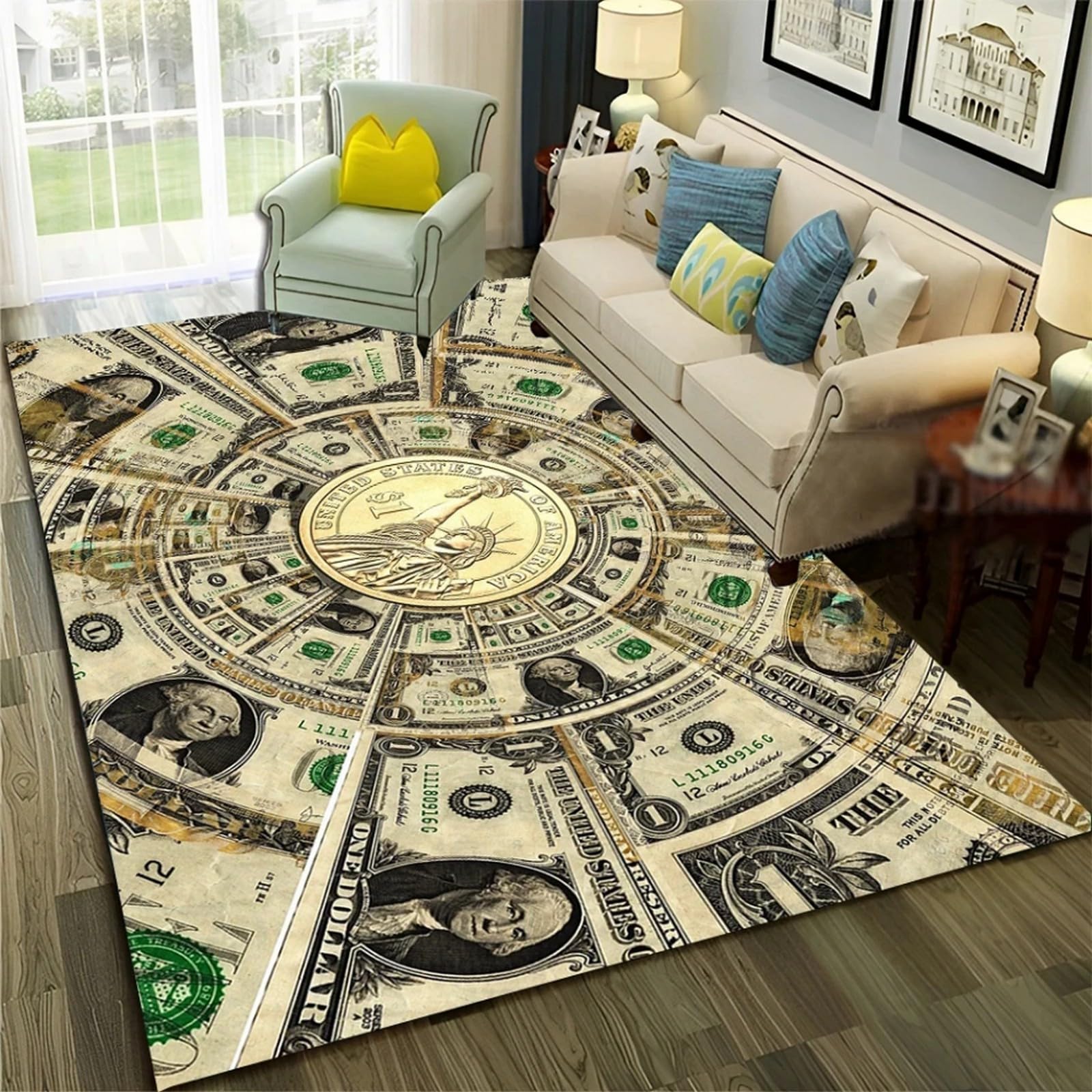 Tapis de chambre doux sans peluches et facile à nettoyer motif dollar euro