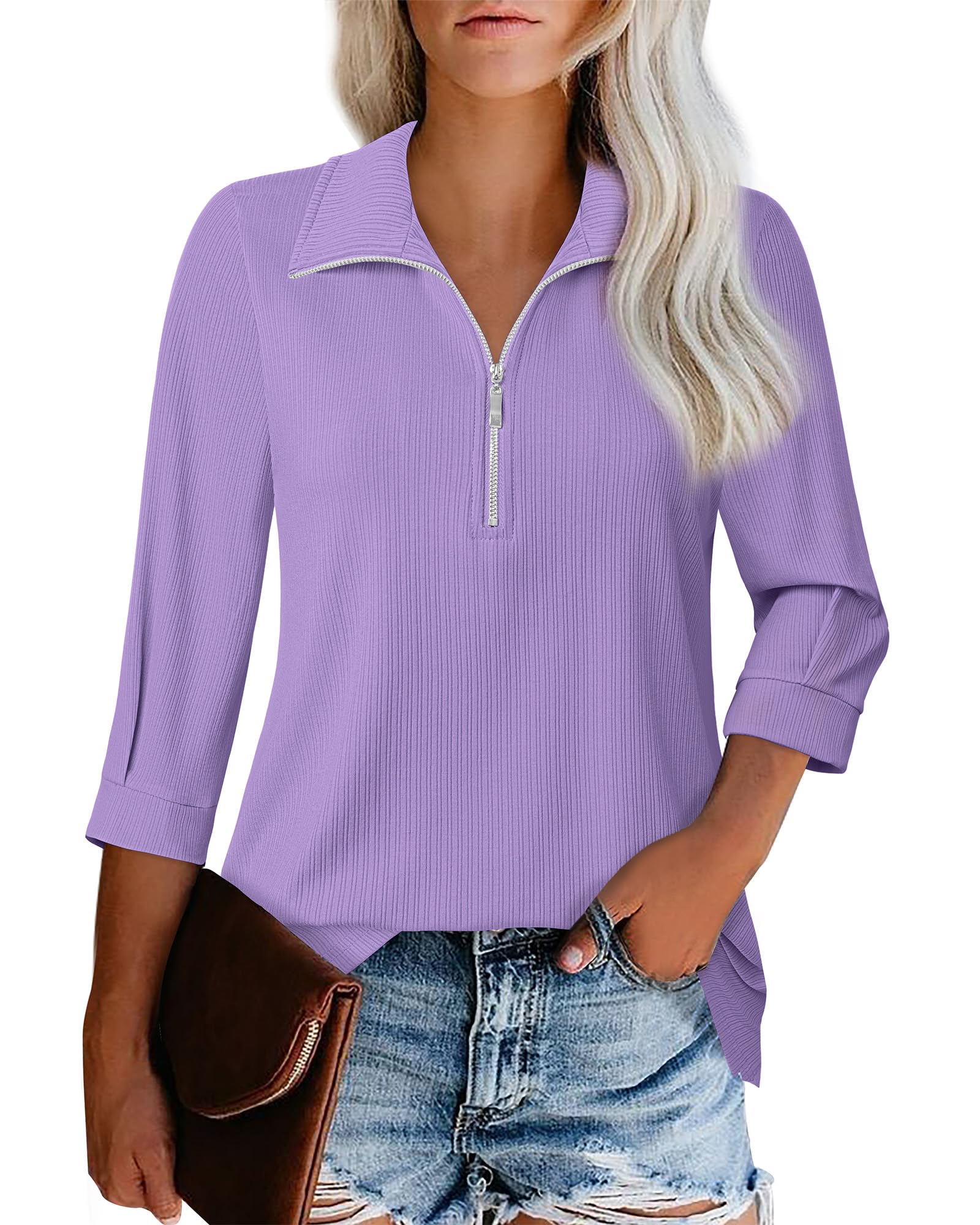 Vivilli Womens Tops Dressy Casual Summer Fall Outfts 3/4 Length Sleeve V Neck Shirts Work Blouses Zipper Collar Polo Shirts
