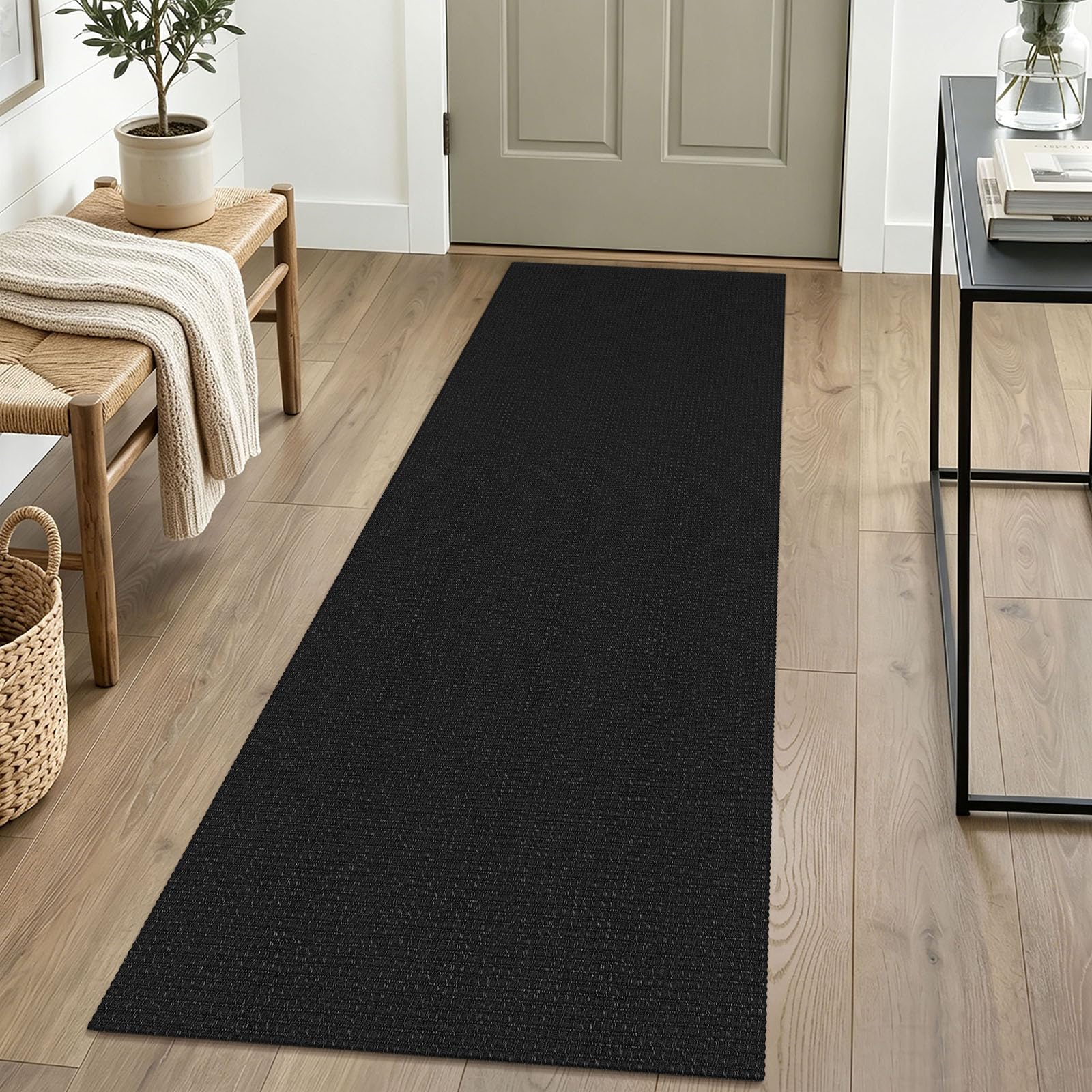 IOHOUZE Washable Runner Rug 2x6 Non Slip Runners for Hallways Entryway Runner Indoor, Kitchen Rugs Woven Cotton Floor Carpet for Kitchen Hall Entrance Bedroom, Black/Grey