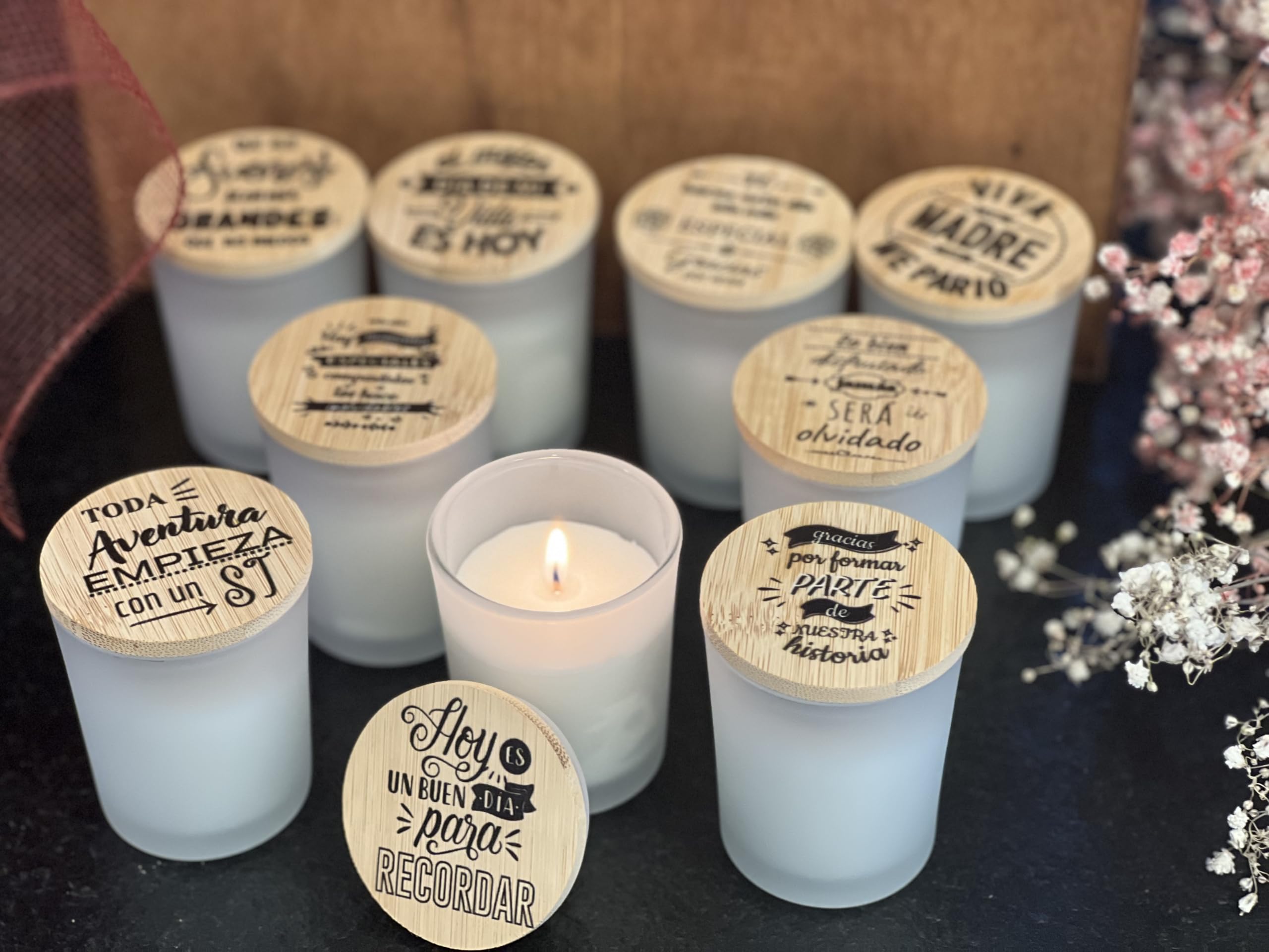 Uvimark - Detalles de boda, comunión, bautizo - Set de 10 velas aromáticas con mensaje - Velas estampadas con tapa de madera - Regalos Originales