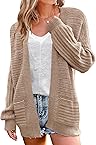 MEROKEETY Women's Loose Long Sleeve Open Front Sweater Solid Color Cable Knit Cardigan with Pockets,Khaki,L