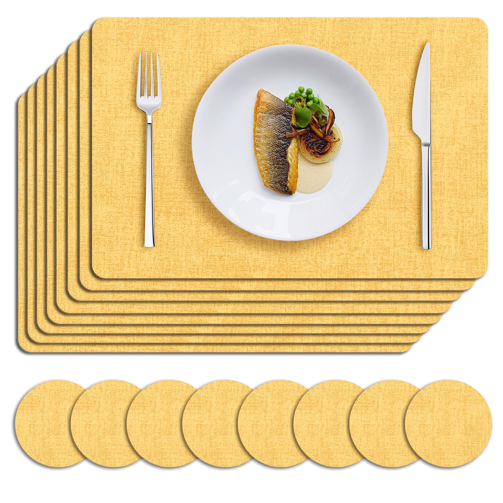 MOSAYT Placemats Set of 8, Heat Resistant Vinyl Place Mats with Coasters, Wipeable Washable 100% Waterproof Oil Proof Faux Leather Table Mats for