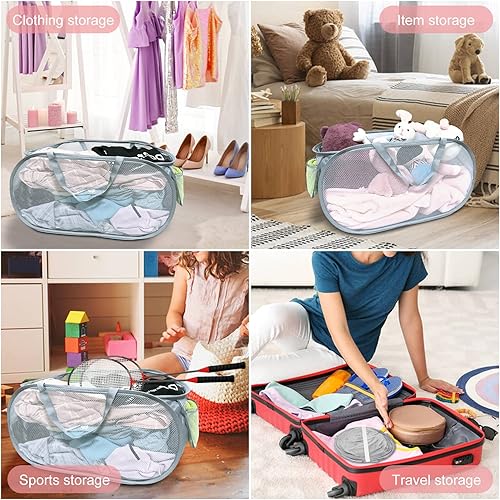 Miniatura 5 de 2 cestas de malla para la ropa sucia, canastas plegables para la ropa sucia, de 75 litros, cesta de almacenamiento horizontal con bolsillo lateral y