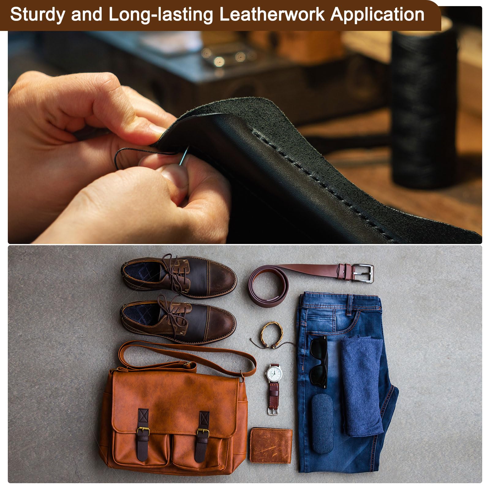 QUARKZMAN Leder Näh Gewachster Faden 55 Yards / 50m 0.8mm 150D Flach Polyester Allzweck Faden für Leder Basteln Buchbinden Schuh Reparatur Dunkel Braun