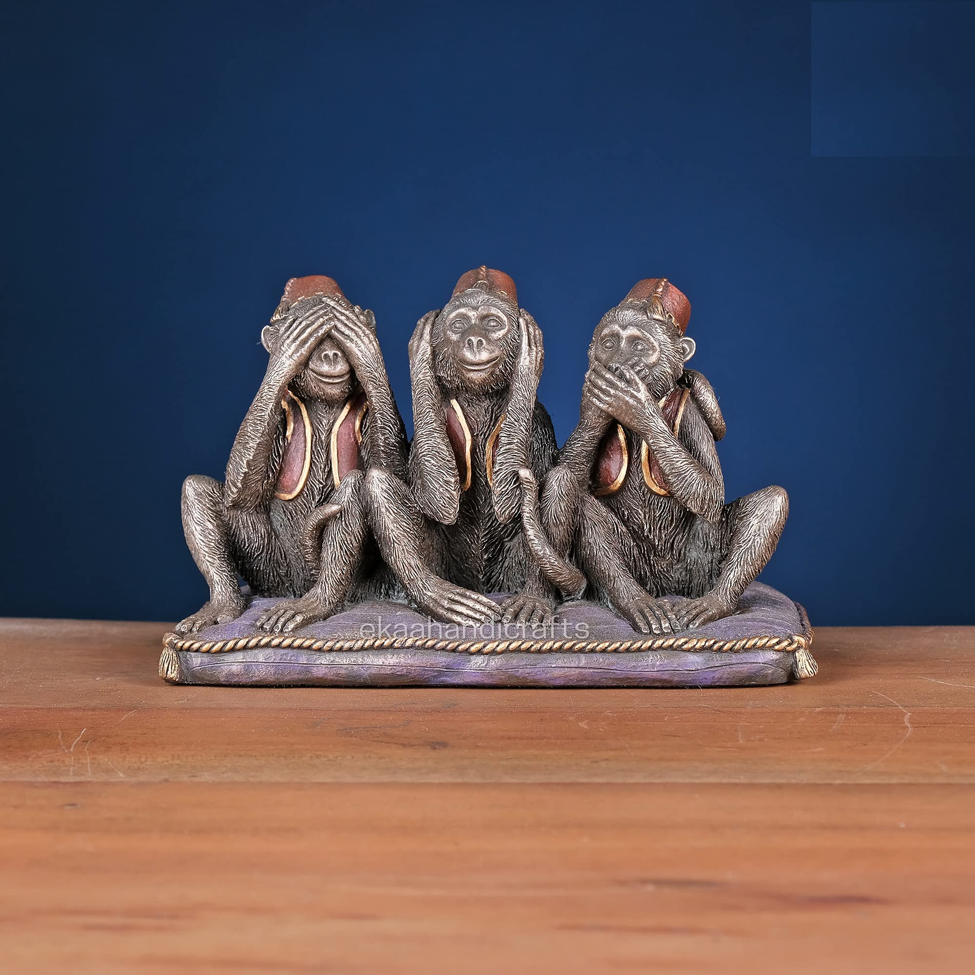 Ekaa Handicrafts Cold Cast Bronze 3 Wise Monkeys Showpiece Figurine Sculpture for Home Decoration, Size - (H- 3.5, L-5, W-2.5) in, Weight- 0.4 Kg, Multicolour