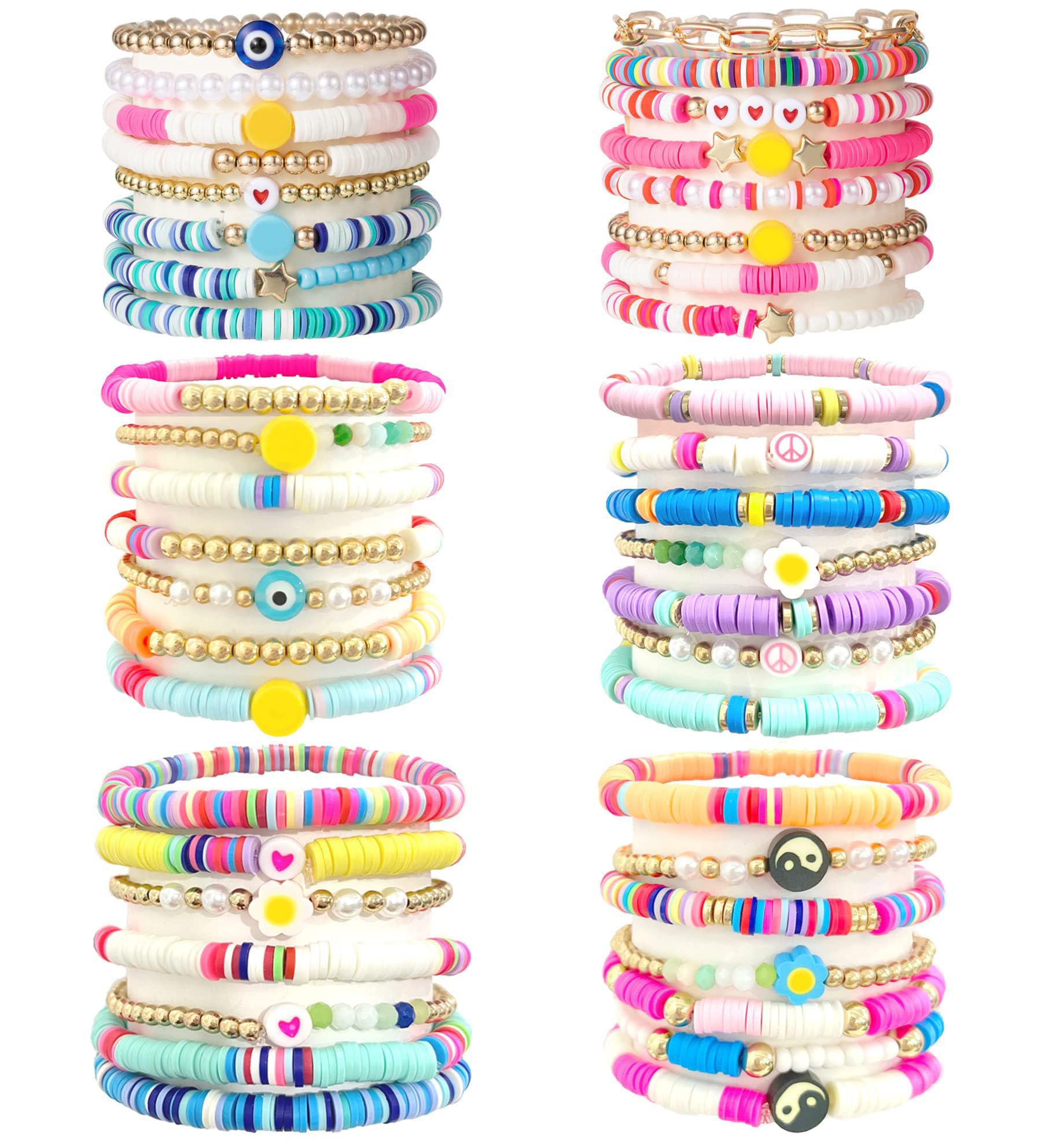 WAINIS44 Pcs Surfer Heishi Clay Bead Bracelets for Women Bohemian Stackable Beaded Stretch Bracelets Elastic Layering Friendship Bracelets Set Boho Jewelry Cute Bracelets for Concert Beach Vacaiton