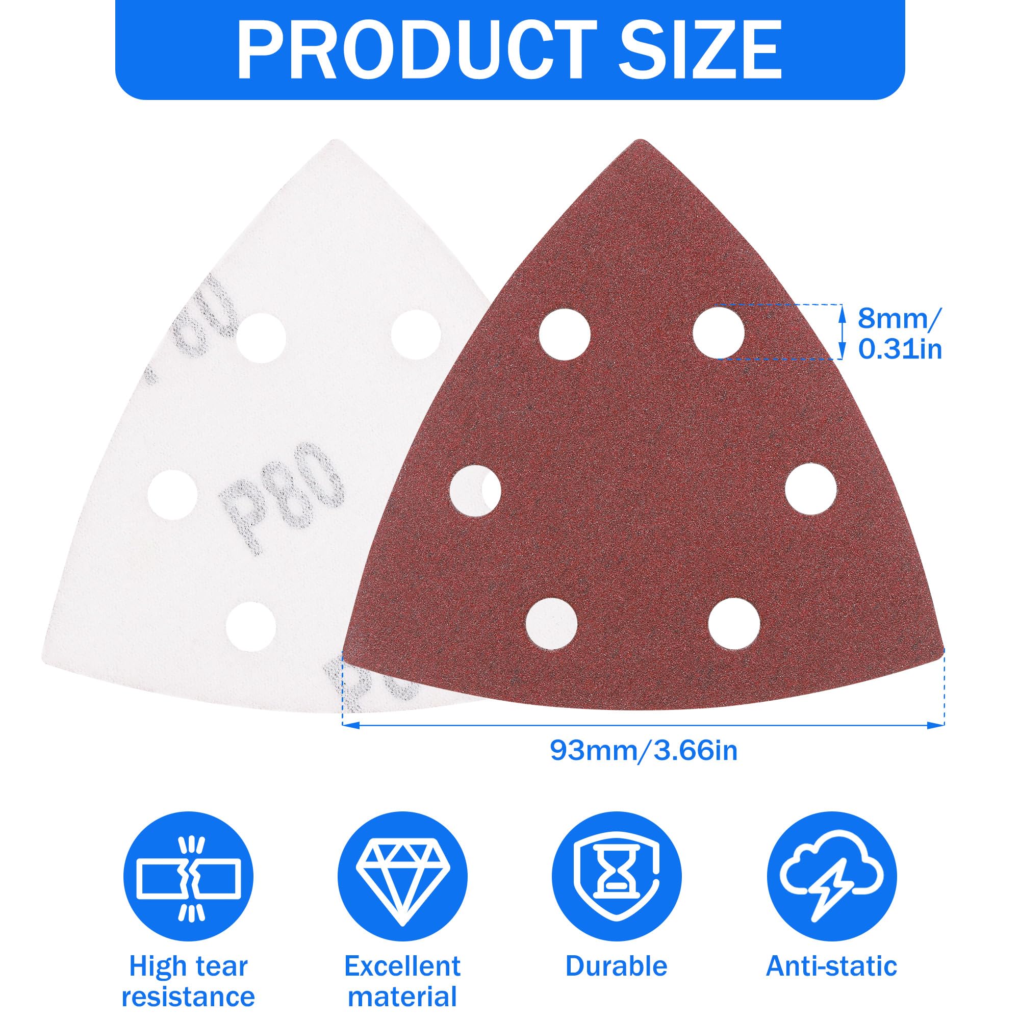 100 Pezzi Carta Vetrata per Levigatrice, Triangoli Abrasivi Delta, Carta Abrasiva con Velcro, 6 Fori, Grana 40/80/120/180/240 Platorelli Abrasivi Triangolari 93 x 93 x 93 mm per Levigatrici Mouse