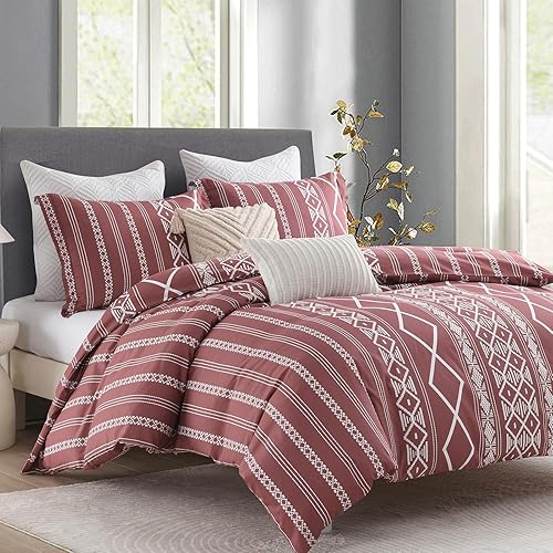 Miniatura 8 de DUOMING Juego de funda de edredón bohemia tamaño Queen, 100 % algodón, funda de edredón Queen con cierre de cremallera y 8 lazos, juego de funda de