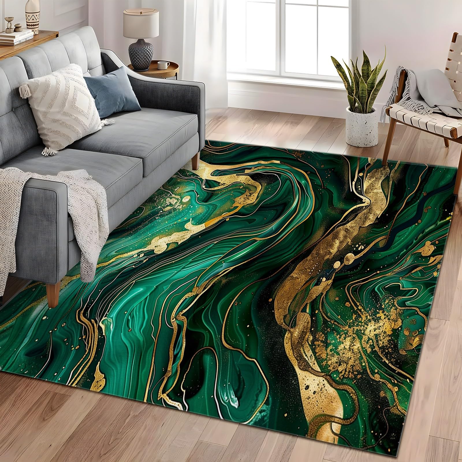 Generisch Waschbarer Moderner Grün-Gold-Marmor Kurzflor Teppich - Weicher, Rutschfester Teppich für Wohnzimmer, Schlafzimmer - Flauschiger, Teppiche Gegend, 160cm x 230cm