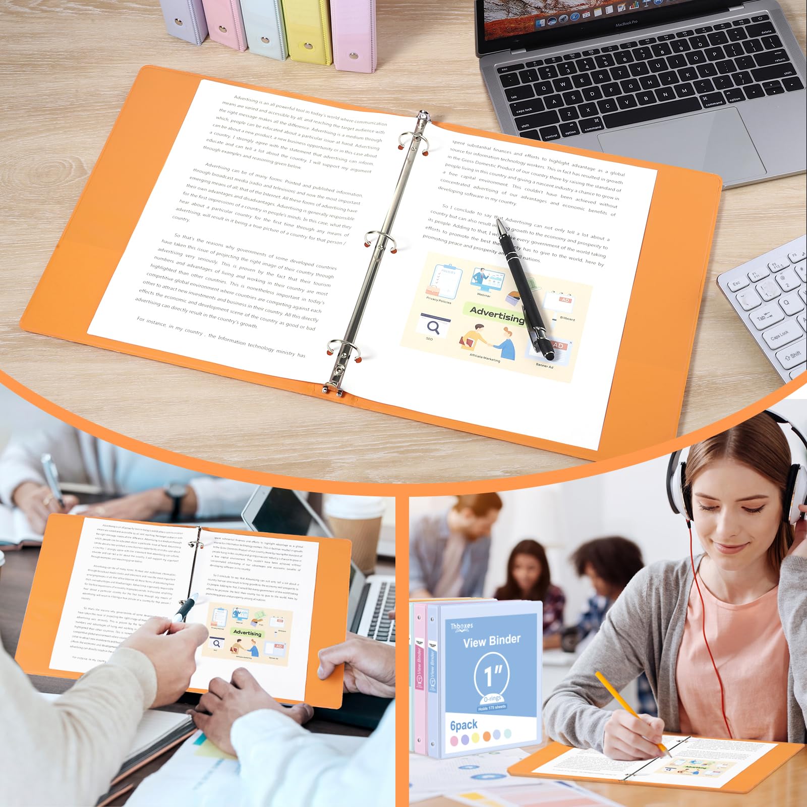 Lot de 6 classeurs à 3 anneaux de 2,5 cm avec 2 poches intérieures et superposition transparente, grande capacité, classeurs à anneaux ronds pour fournitures de bureau, école et la maison (6 couleurs)