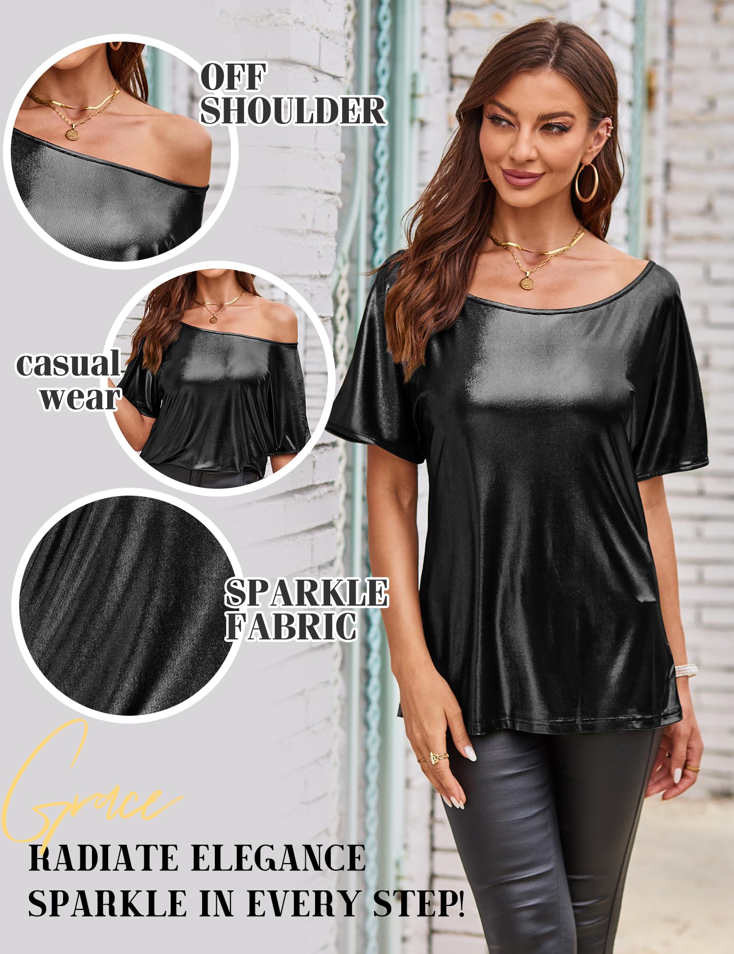 VIDUSSA Glitzer Tops für Damen - Bluse Schulterfrei Kurzarm Elegant Party Oberteil