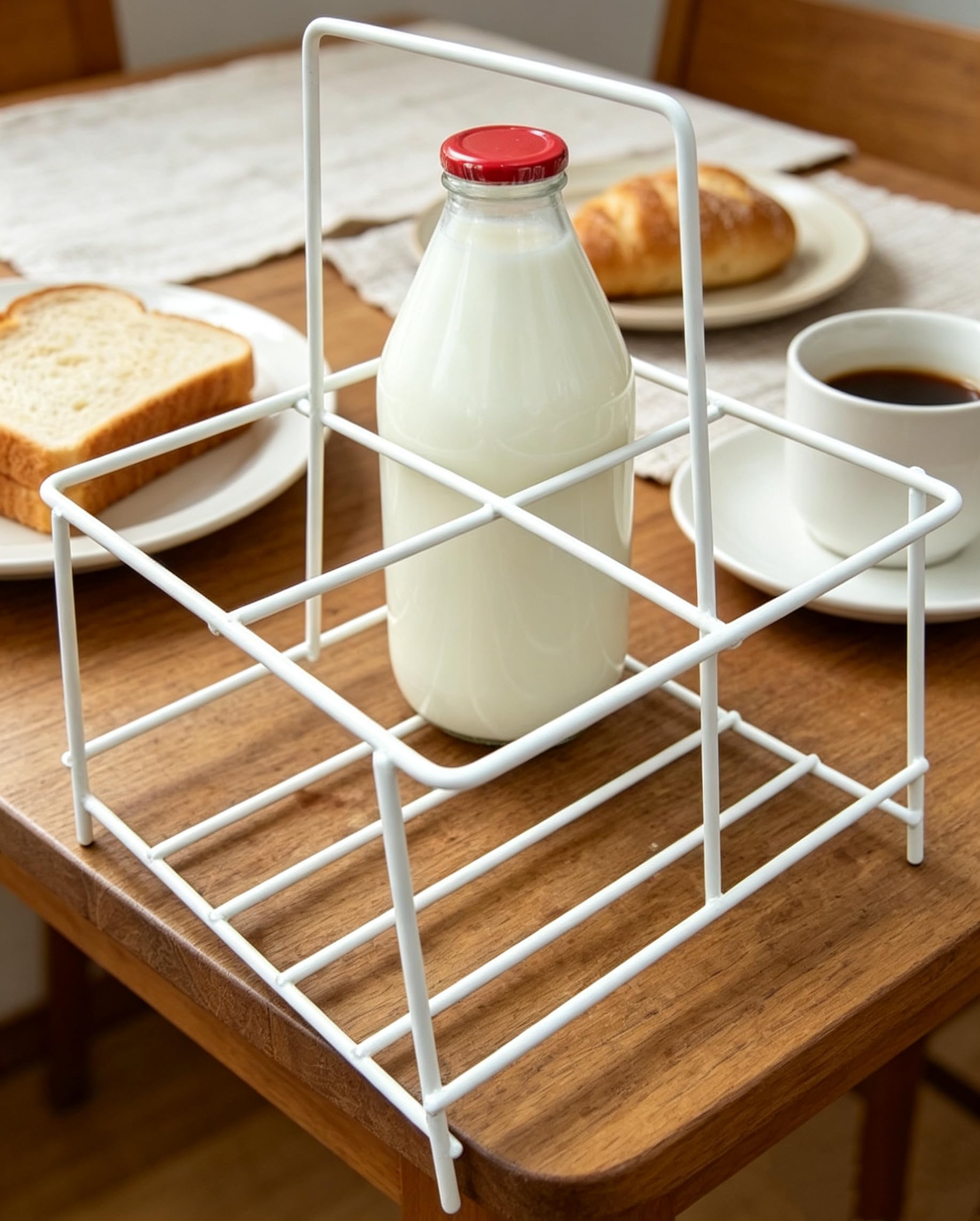AH® Premium Quality Steel Plastic coated White Four Compartment Nostalgia Milk Bottle Holder Wire Tidy Crate Rack Carry Carrier Doorstep Store Kitchen Storage Organiser Caddy with Integrated Handle
