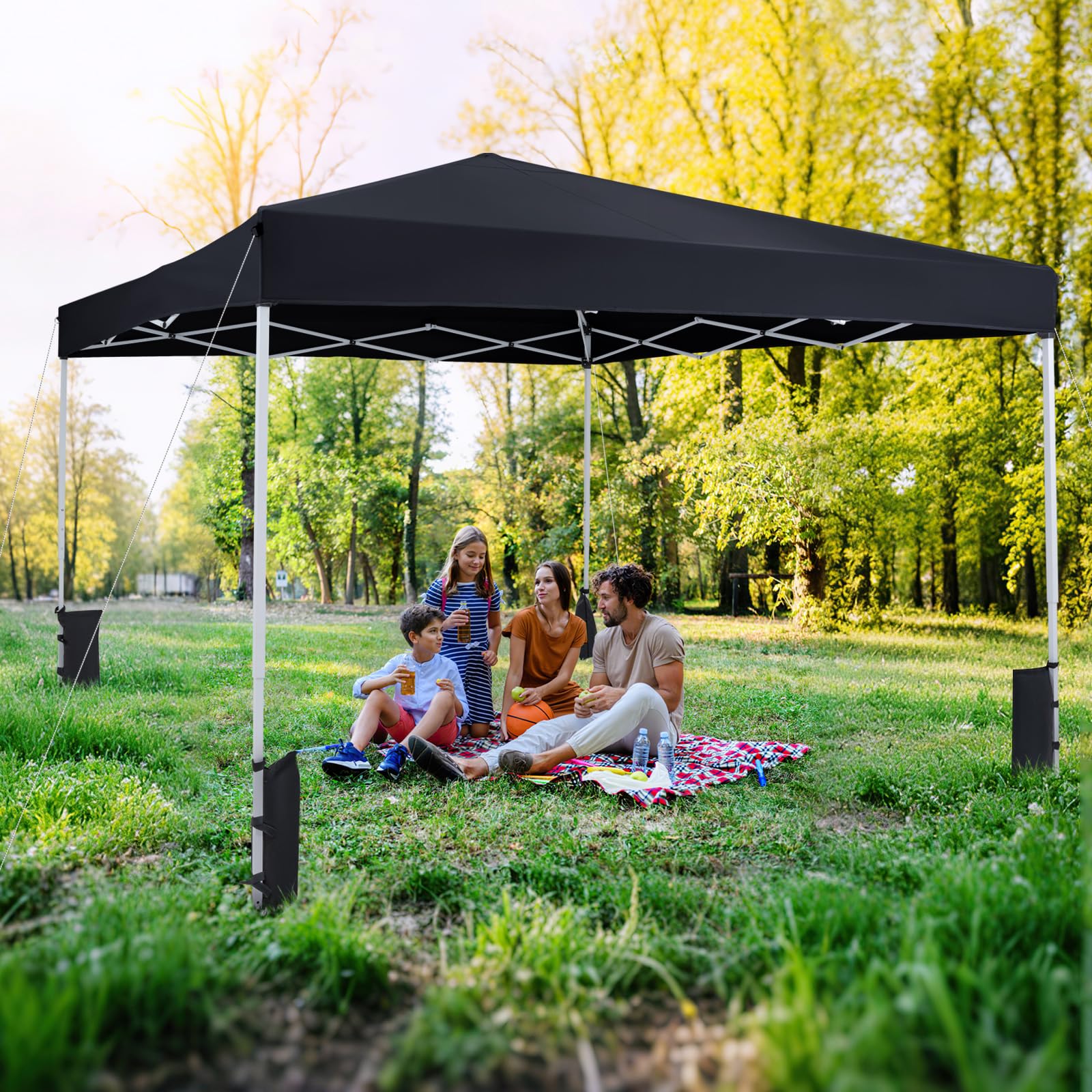 COSTWAY Gazebo da Esterno Pieghevole 290 x 290 cm, Gazebo Pop up con 4 Sacchi di Sabbia e Borsa da Trasporto, Regolabile in Altezza, Telaio Robusto in Metallo, per Mercato, Campeggio (Nero)