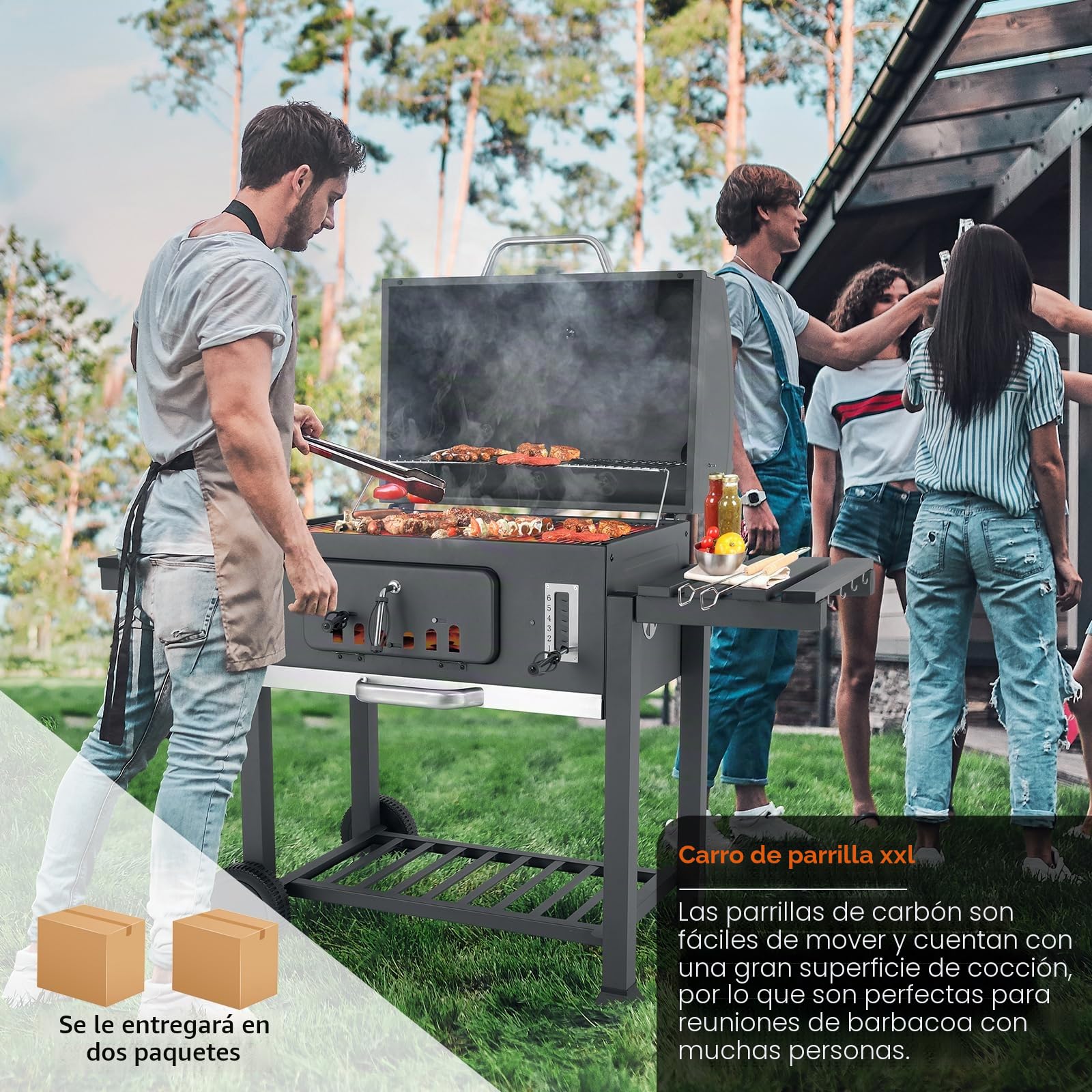 TLSUNNY Barbacoa de Carbon, Parrilla de Carbón XXXL, Barbacoa Carbon con Tapa, 2PCS Ruedas, Termómetro y Chimenea, BBQ Parrilla Grande de Carbón para Jardín y Exterior, Gran Capacidad, Gris