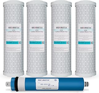 Compatible RO Set GXRM10G, GXRM10RBL Filter 50GPD GE FX12P FX12M Replacement Filters for GE, 4 Carbon Filters and 1 RO Membrane Filter Max Water Reverse Osmosis Water Filter Combo Pack